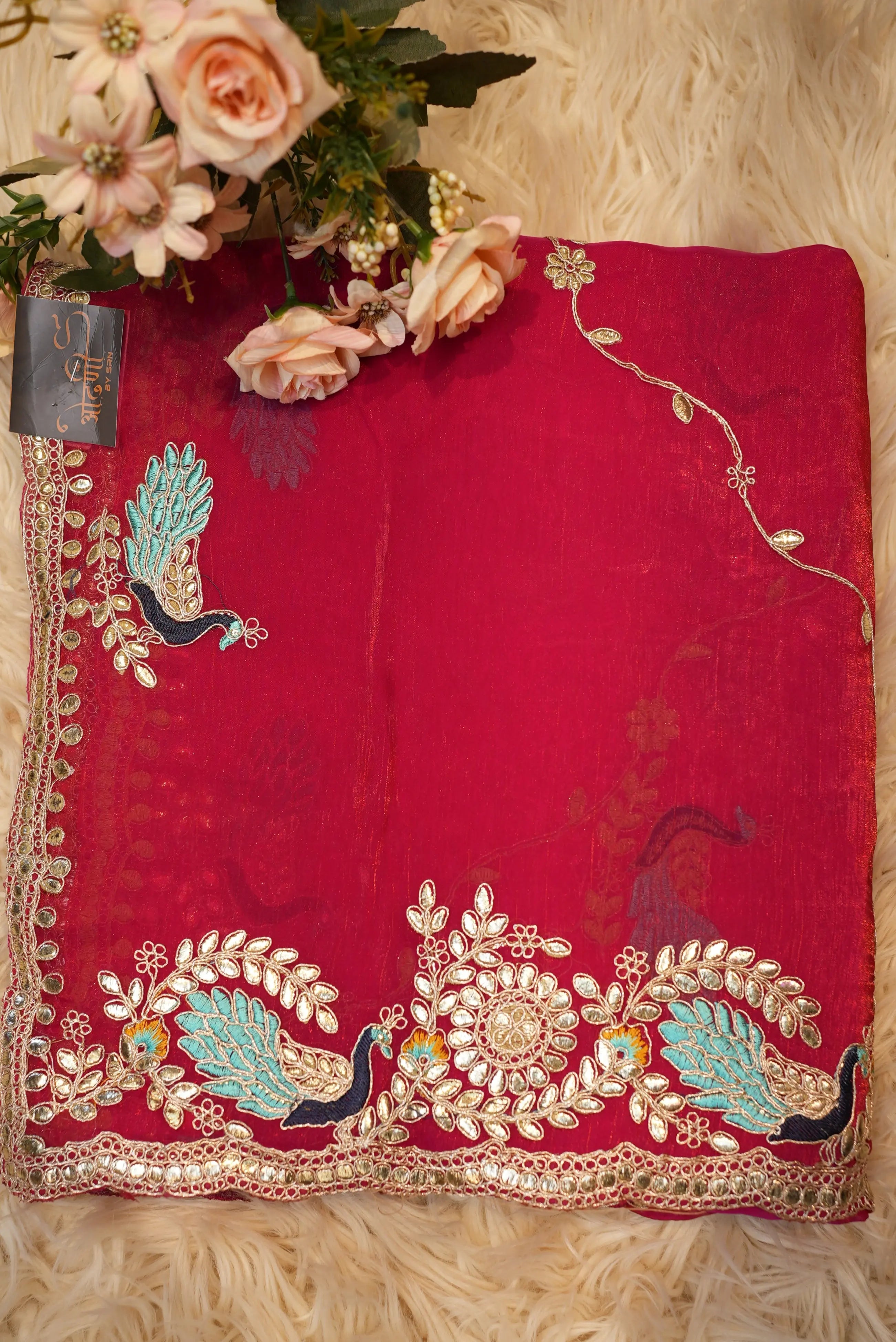 Party Wear Saree with Peacock Design & Pittan Work with Blouse (APROX 6.15-6.30)