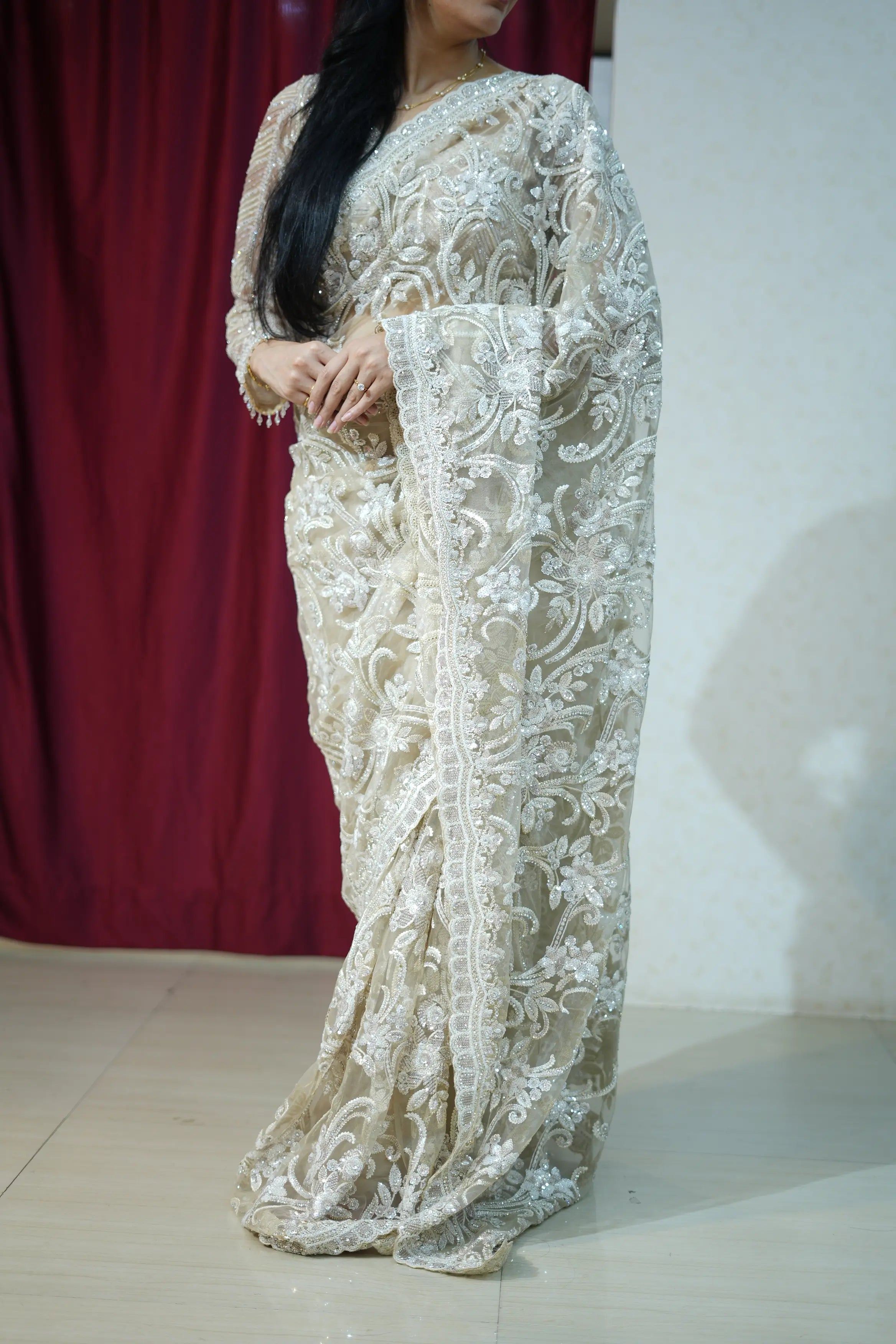 Elegant Ivory Embroidered Stitched Blouse Saree for Wedding & Party Wear