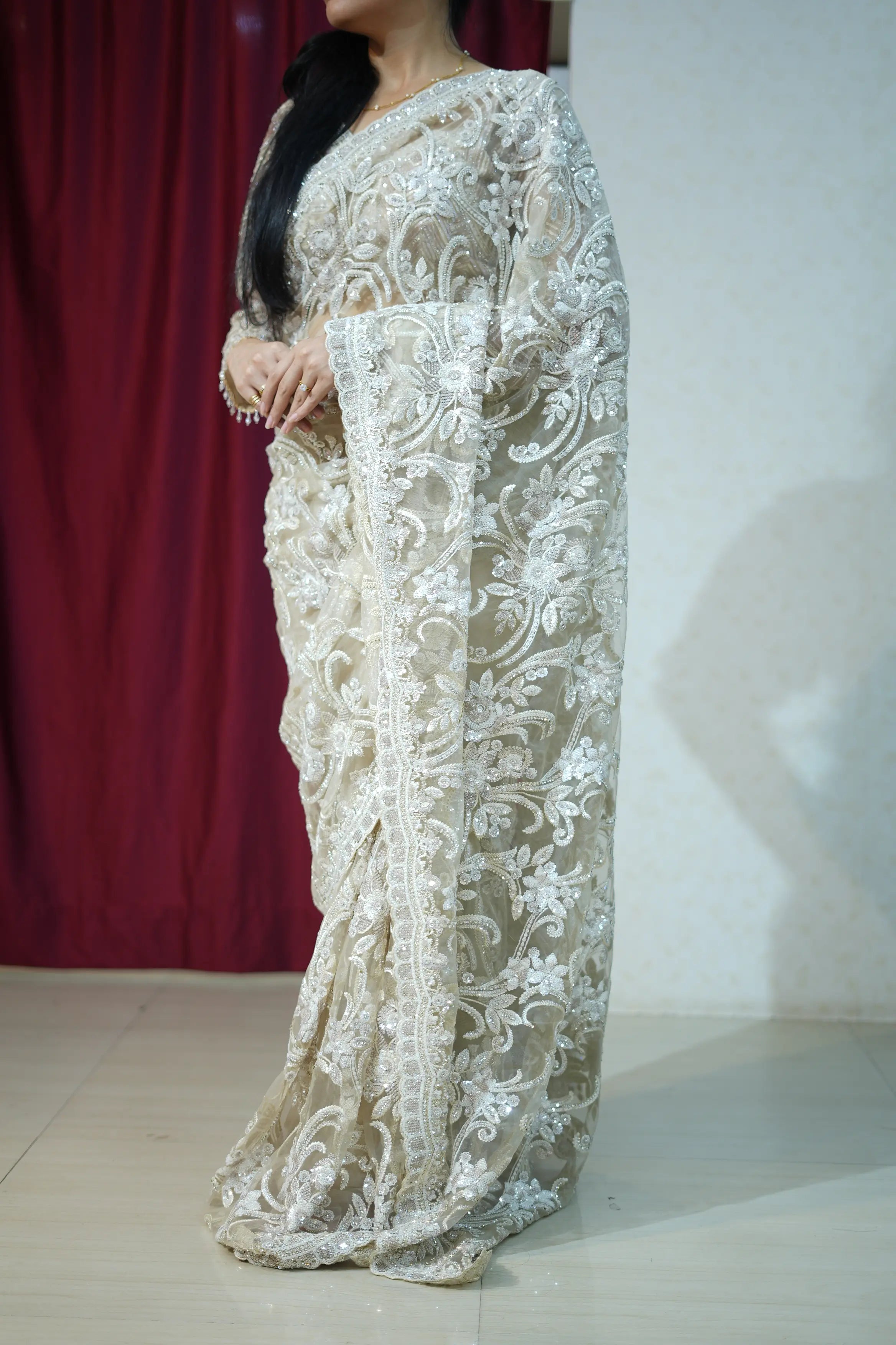 Elegant Ivory Embroidered Stitched Blouse Saree for Wedding & Party Wear