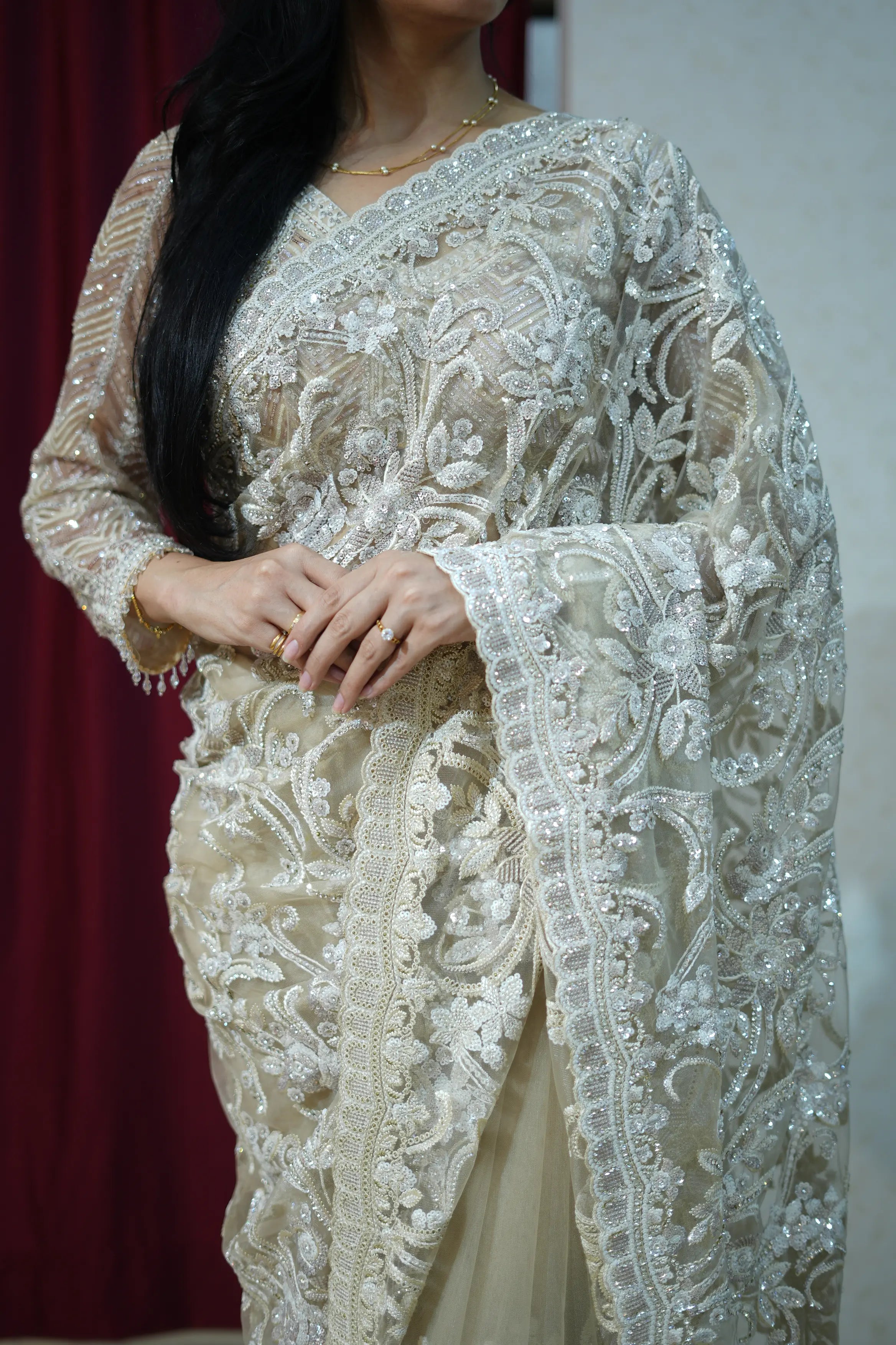 Elegant Ivory Embroidered Stitched Blouse Saree for Wedding & Party Wear