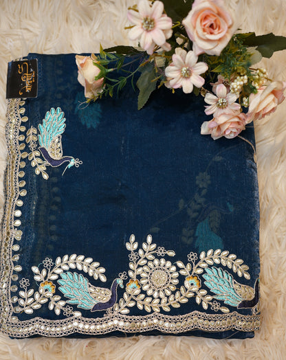 PARTY WEAR PEACOCK DESIGN PITTAN WORK SAREE WITH BLOUSE (APROX 6.15-6.30) ##SR0206