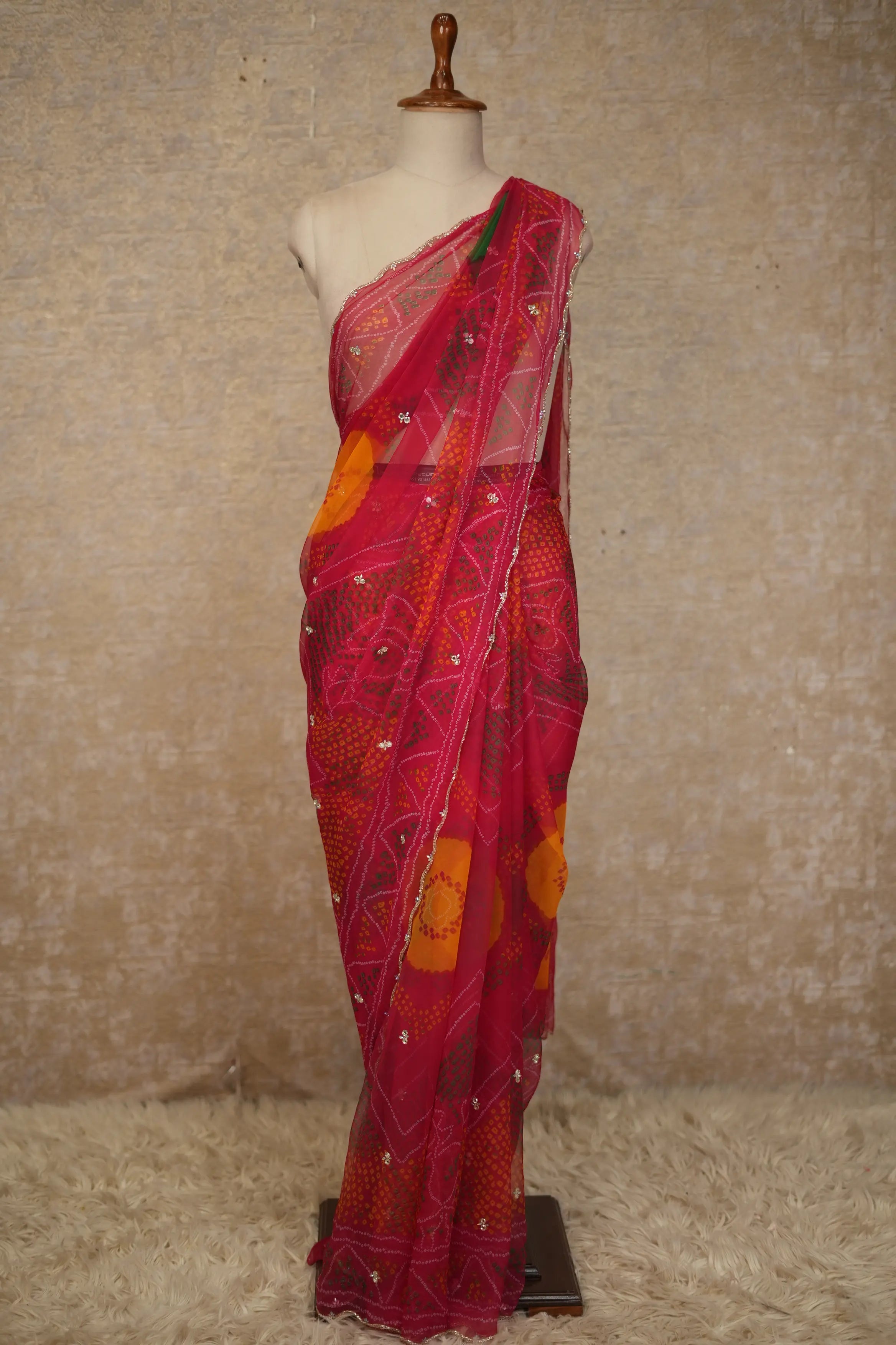 Shekhawati Bandhani Design Georgette Saree With Handwork Touch (With Blouse)