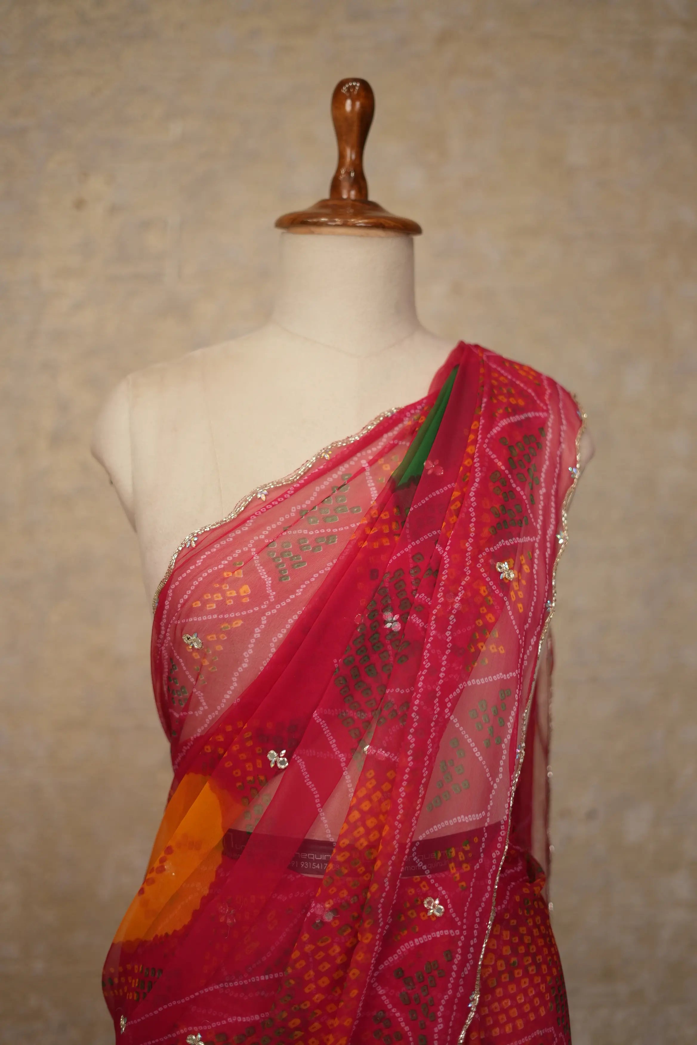 Shekhawati Bandhani Design Georgette Saree With Handwork Touch (With Blouse)