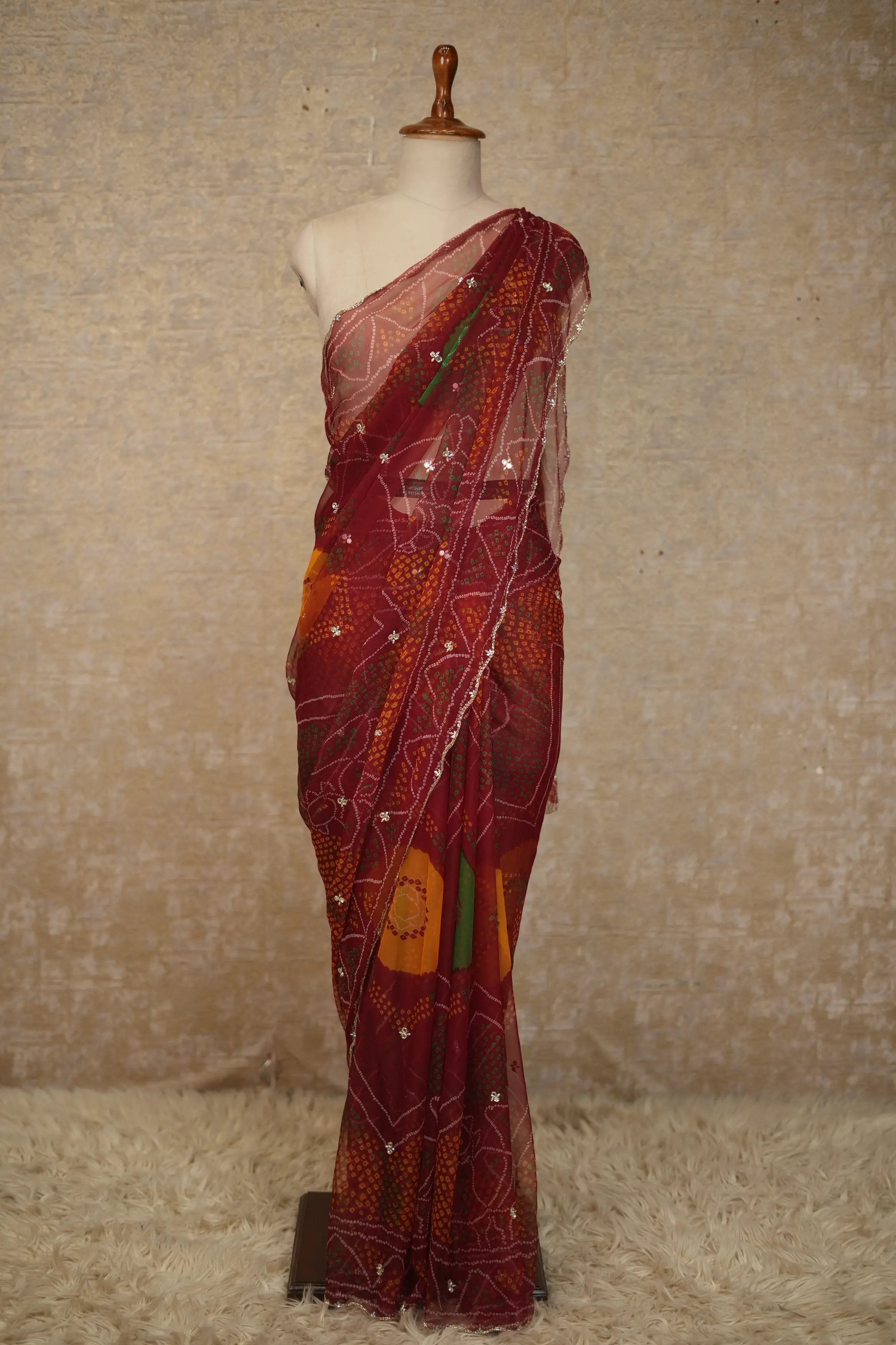 Shekhawati Bandhani Design Georgette Saree With Handwork Touch (With Blouse)