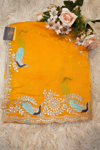 PARTY WEAR PEACOCK DESIGN PITTAN WORK SAREE WITH BLOUSE (APROX 6.15-6.30) ##SR0206