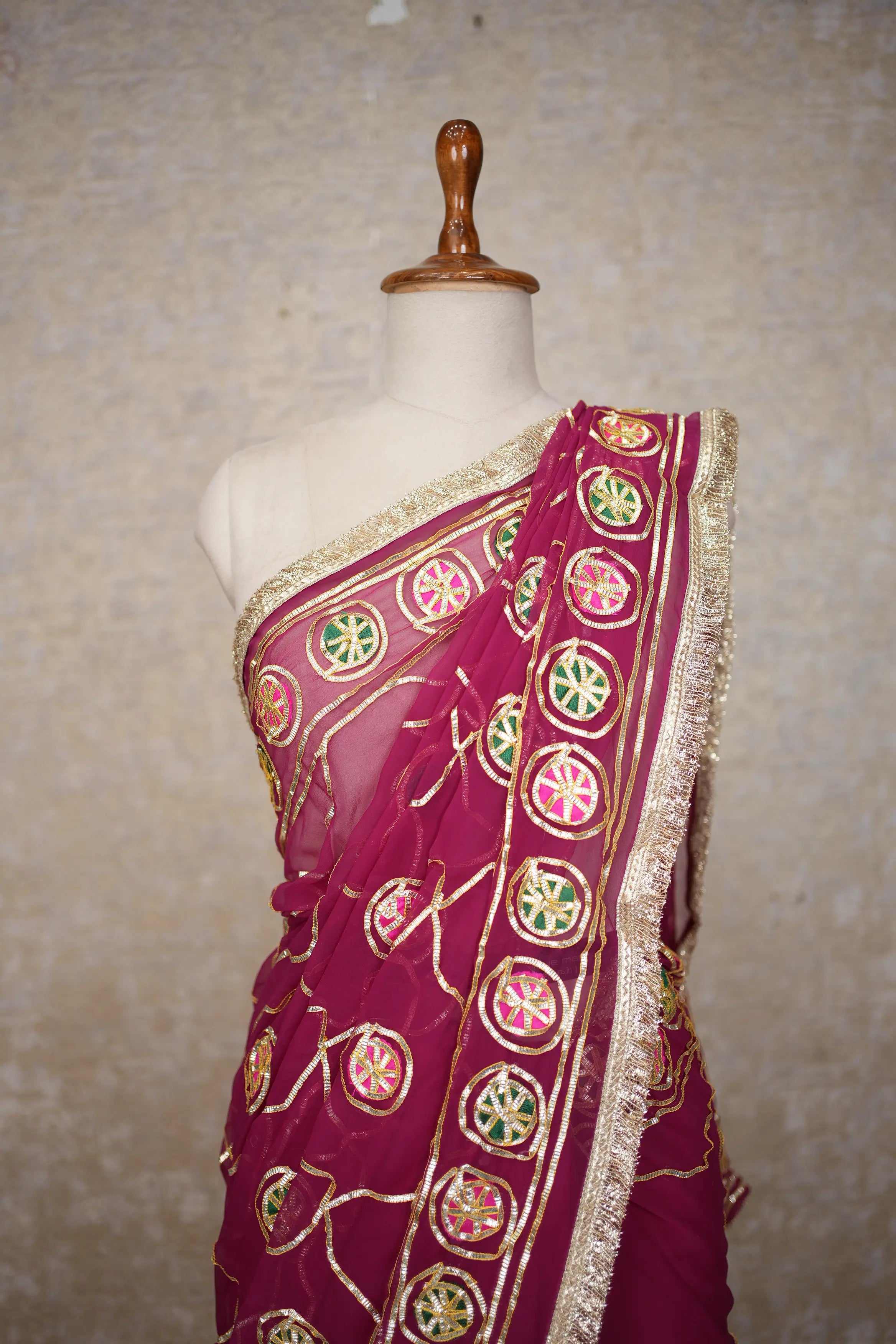 Royal Rajputi Charki Gota Work Saree with Traditional Jal Pattern Design