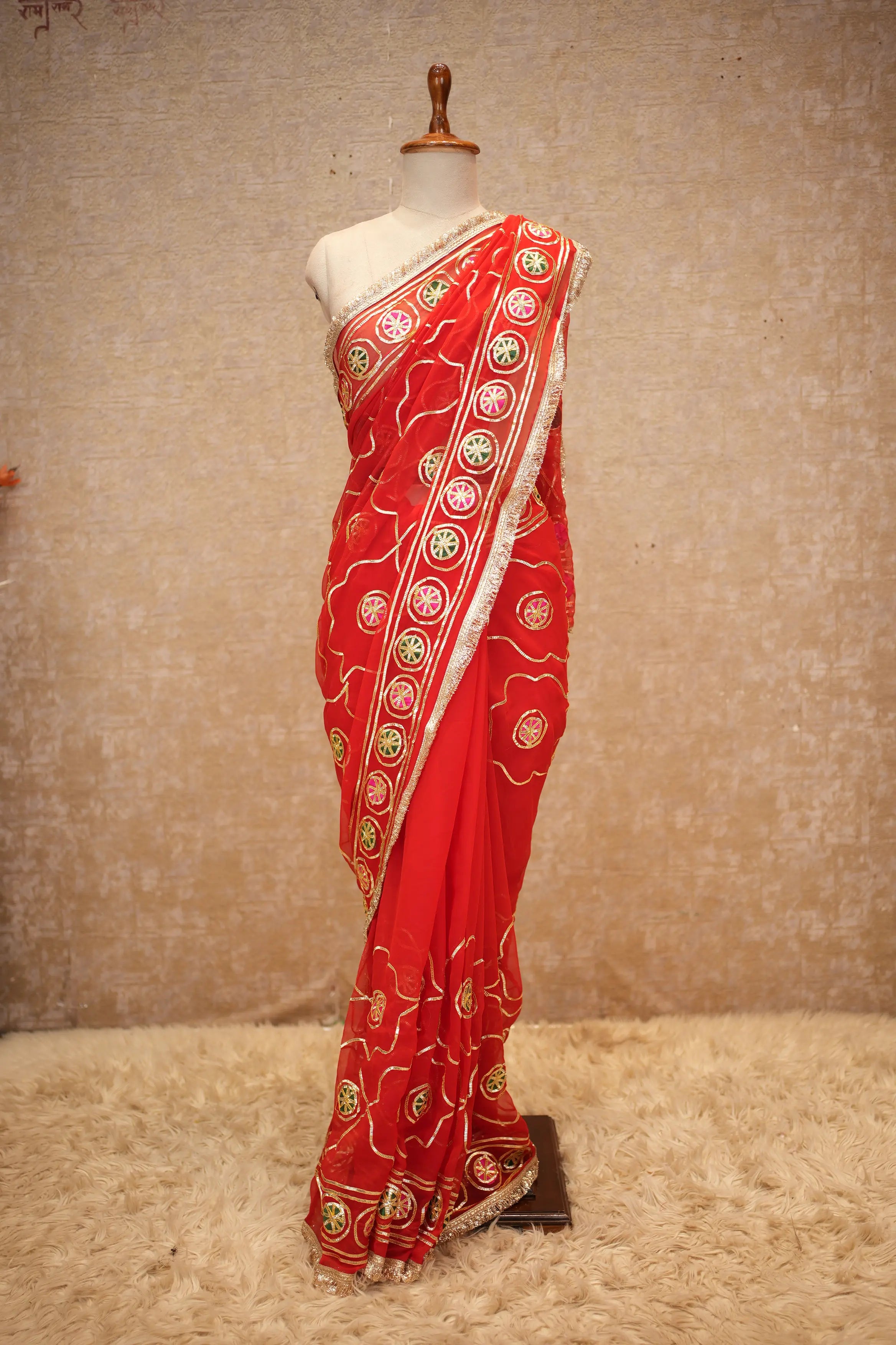 Royal Rajputi Charki Gota Work Saree with Traditional Jal Pattern Design