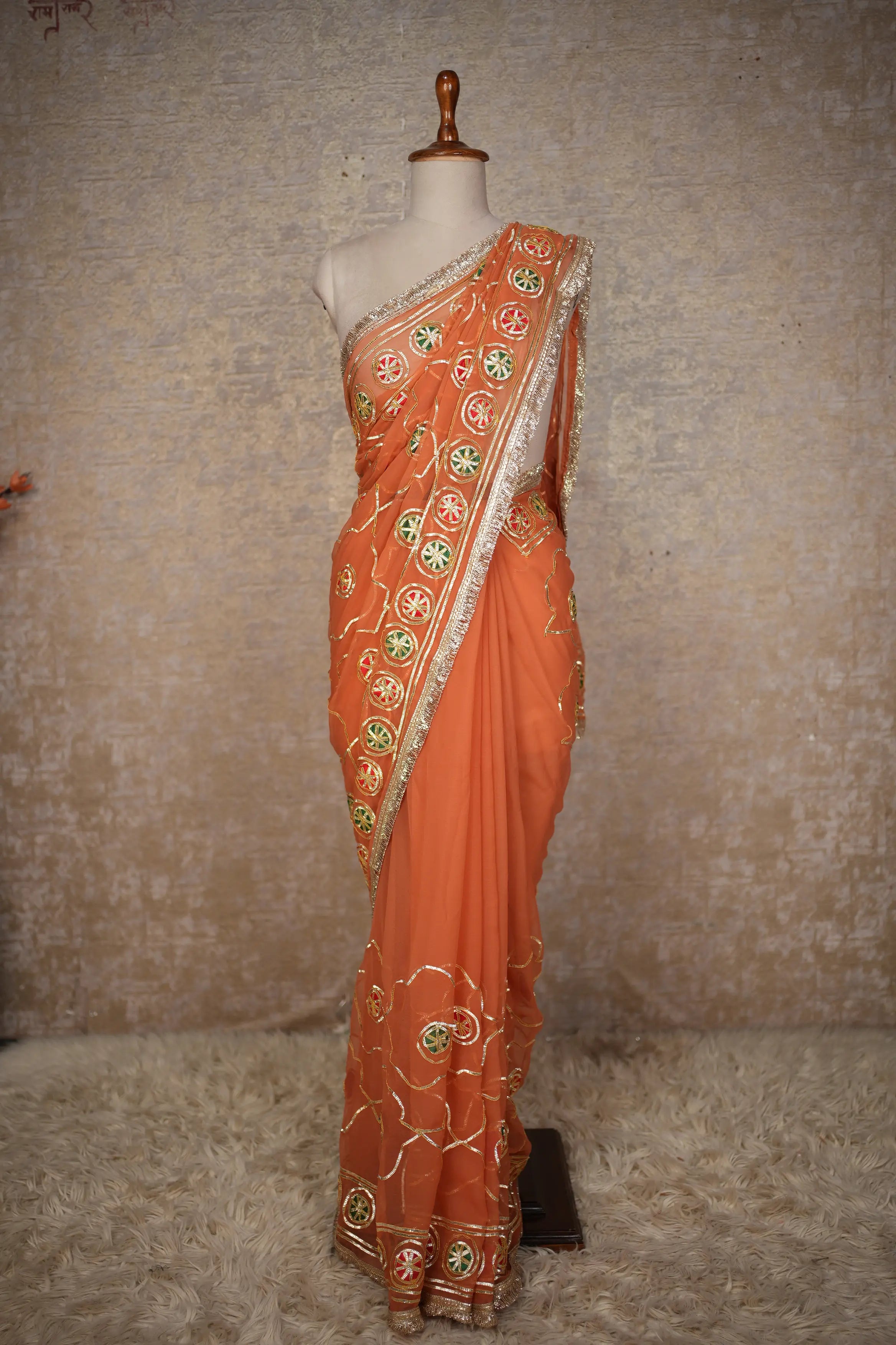 Royal Rajputi Charki Gota Work Saree with Traditional Jal Pattern Design