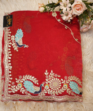 PARTY WEAR PEACOCK DESIGN PITTAN WORK SAREE WITH BLOUSE (APROX 6.15-6.30) ##SR0206