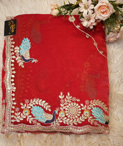 PARTY WEAR PEACOCK DESIGN PITTAN WORK SAREE WITH BLOUSE (APROX 6.15-6.30) ##SR0206