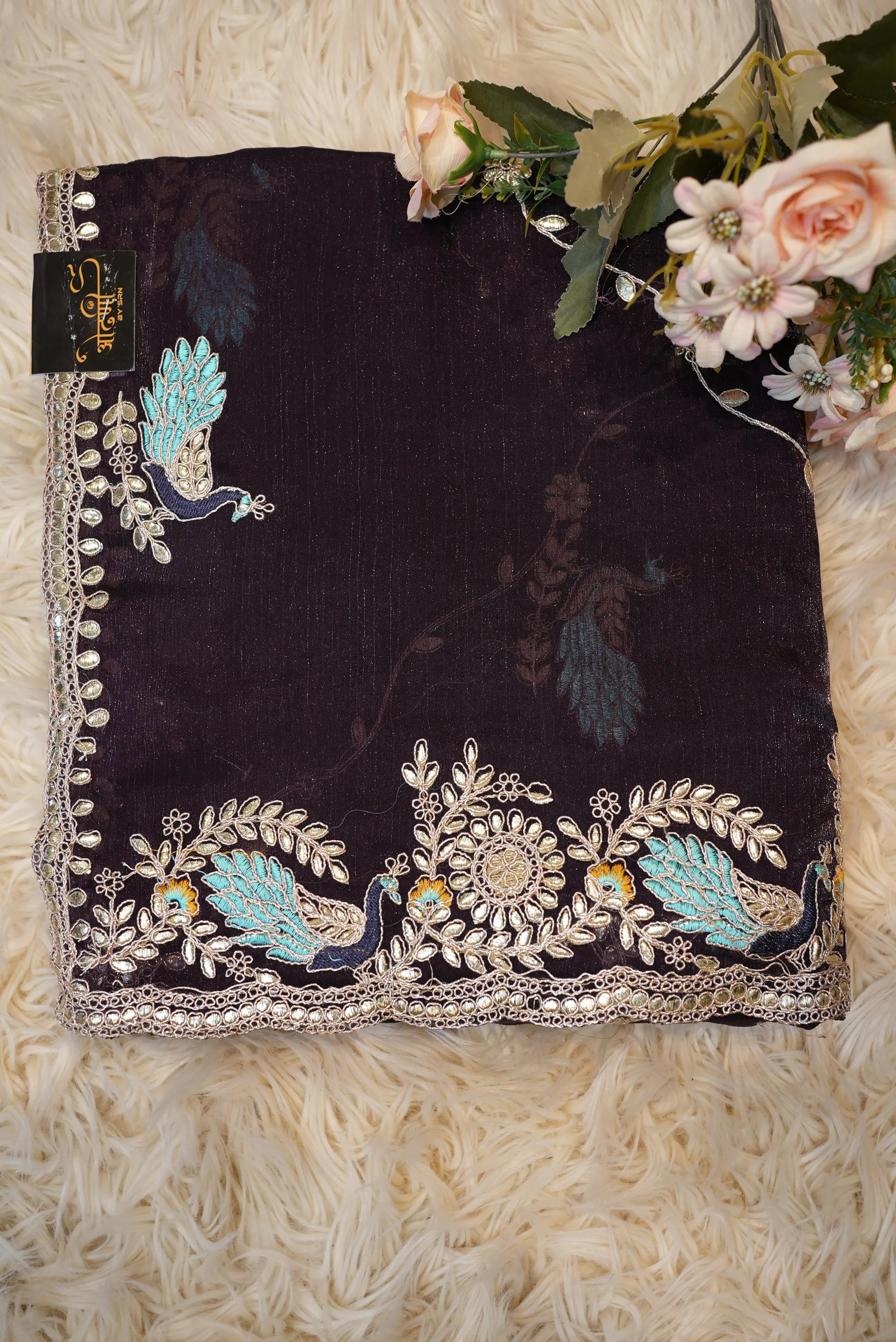 Party Wear Saree with Peacock Design & Pittan Work with Blouse (APROX 6.15-6.30)