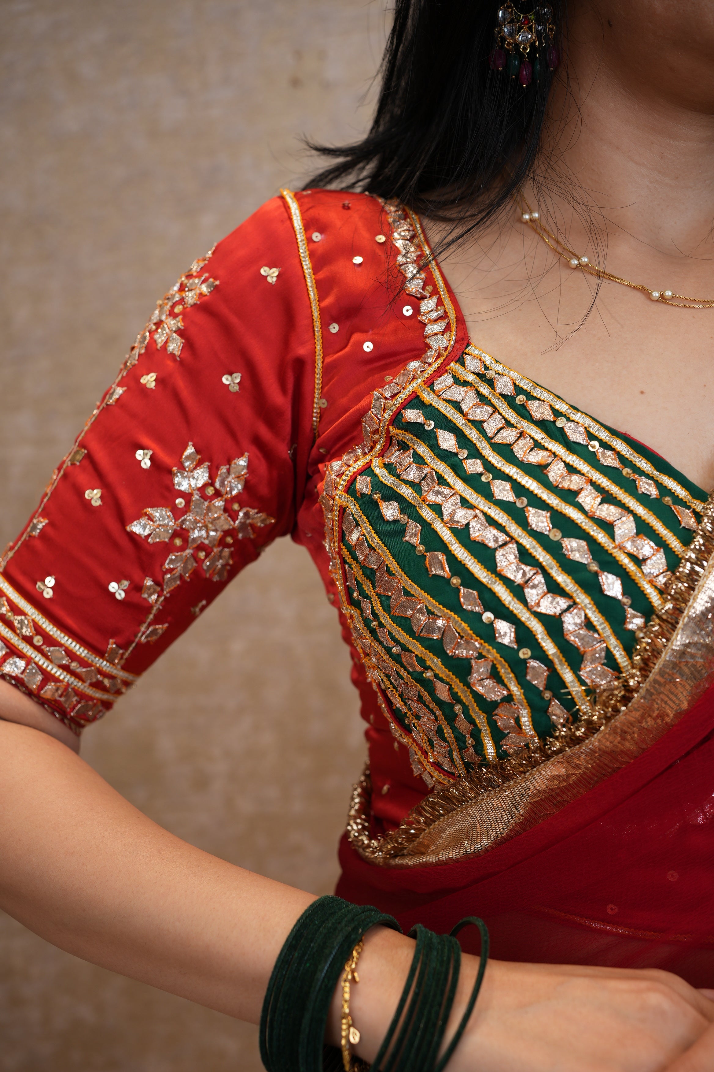 REAL GOTA PATTI WORK BLOUSE WITH PURE CHIFFON LAPPA WORK SAREE