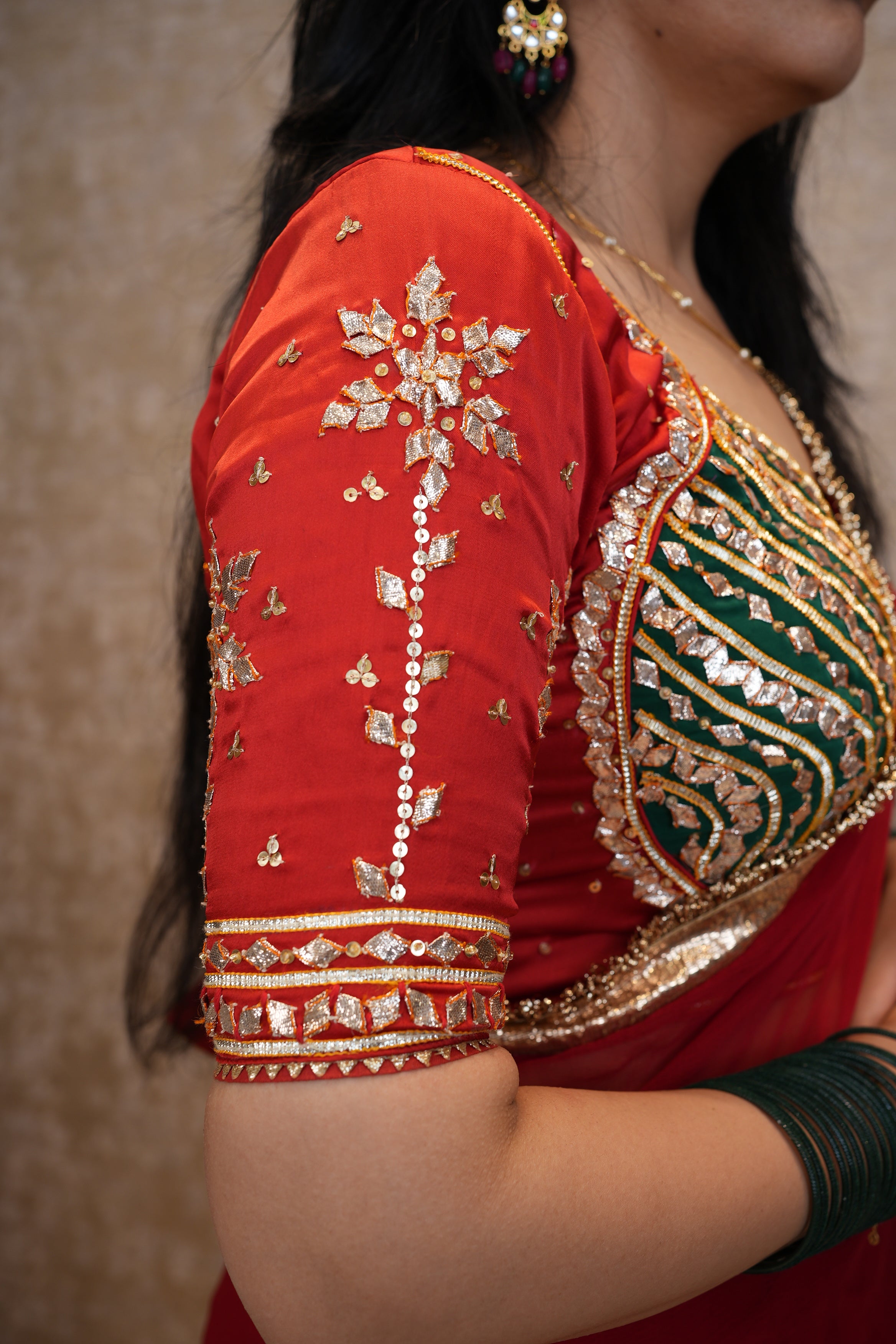 REAL GOTA PATTI WORK BLOUSE WITH PURE CHIFFON LAPPA WORK SAREE