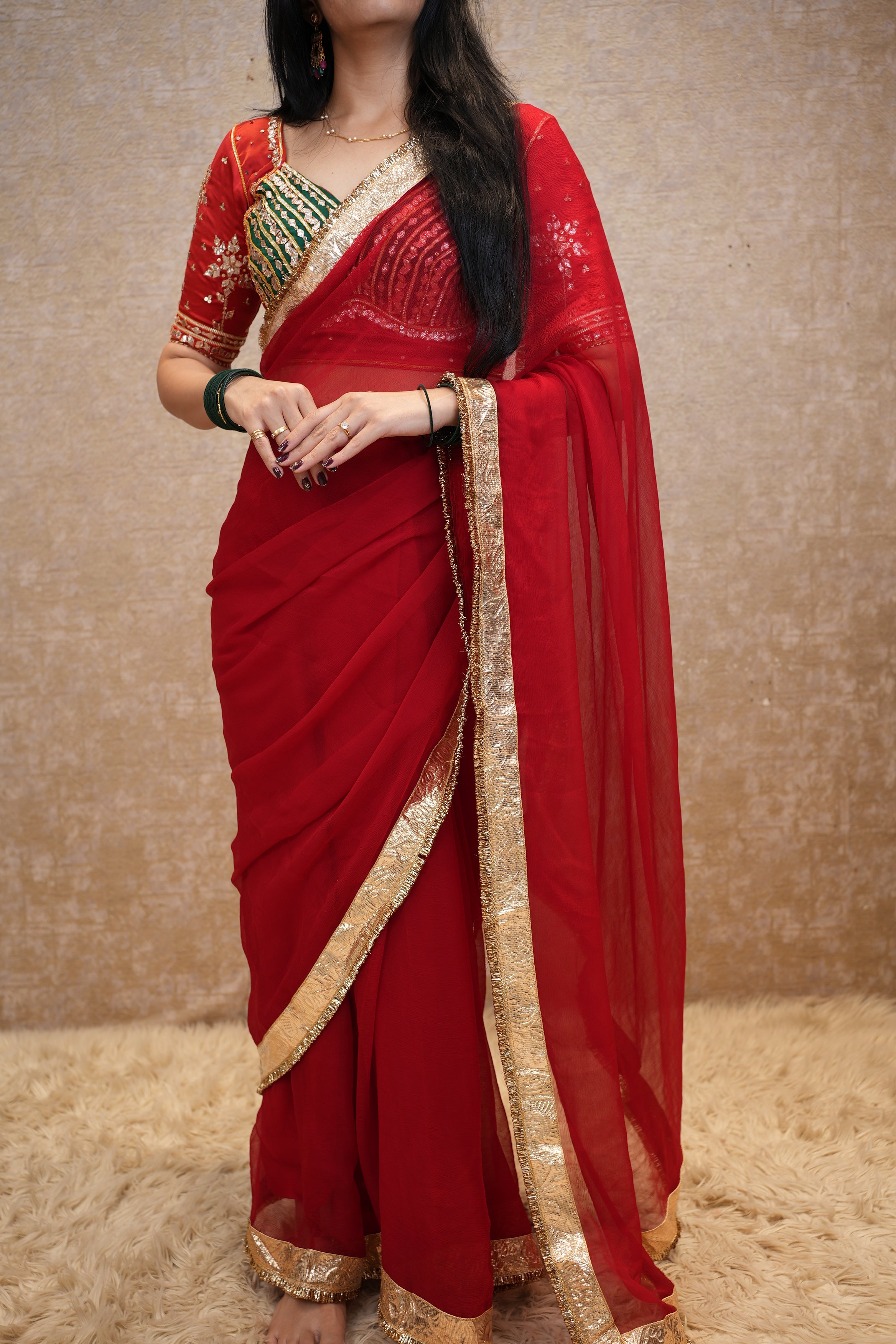 REAL GOTA PATTI WORK BLOUSE WITH PURE CHIFFON LAPPA WORK SAREE