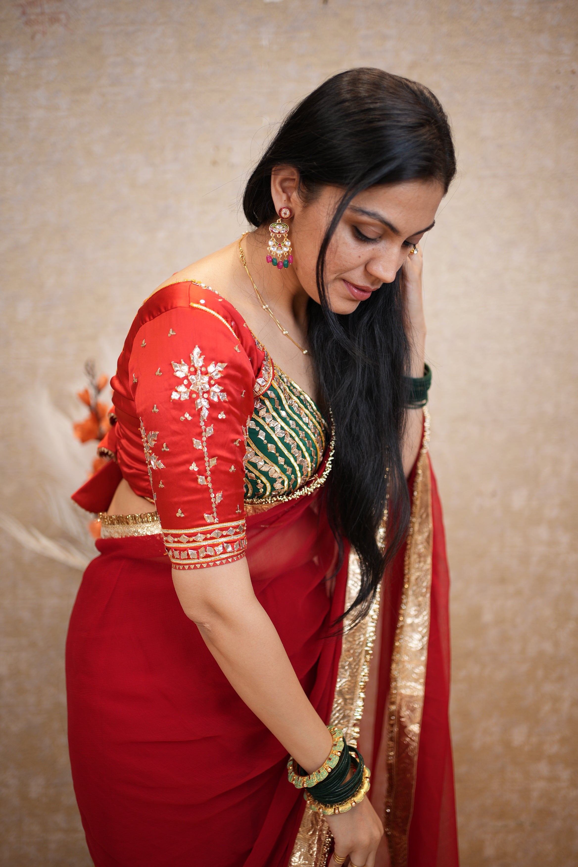 REAL GOTA PATTI WORK BLOUSE WITH PURE CHIFFON LAPPA WORK SAREE