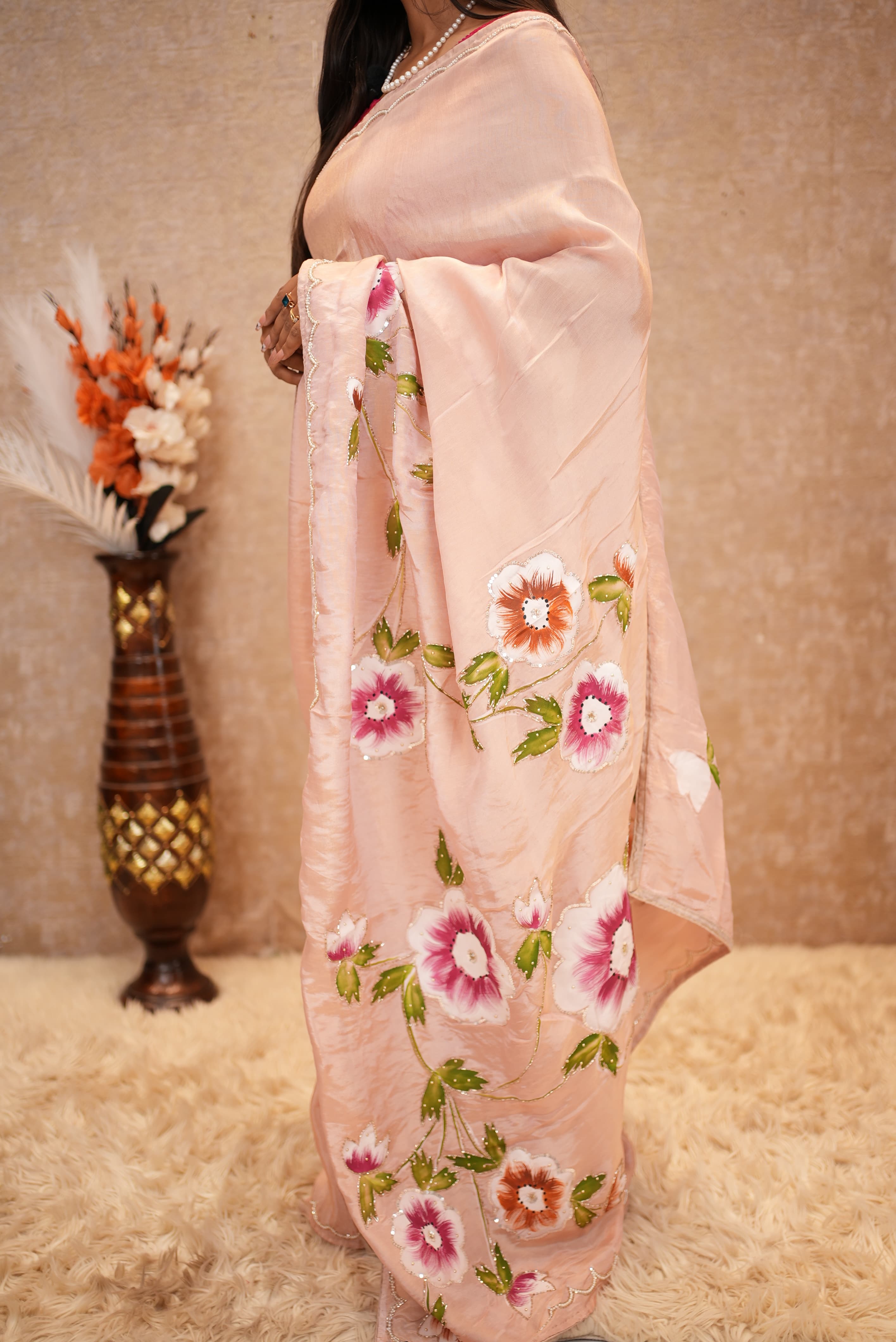 Summer Special Flower Print Chiffon Fabric Saree ( Without Blouse)