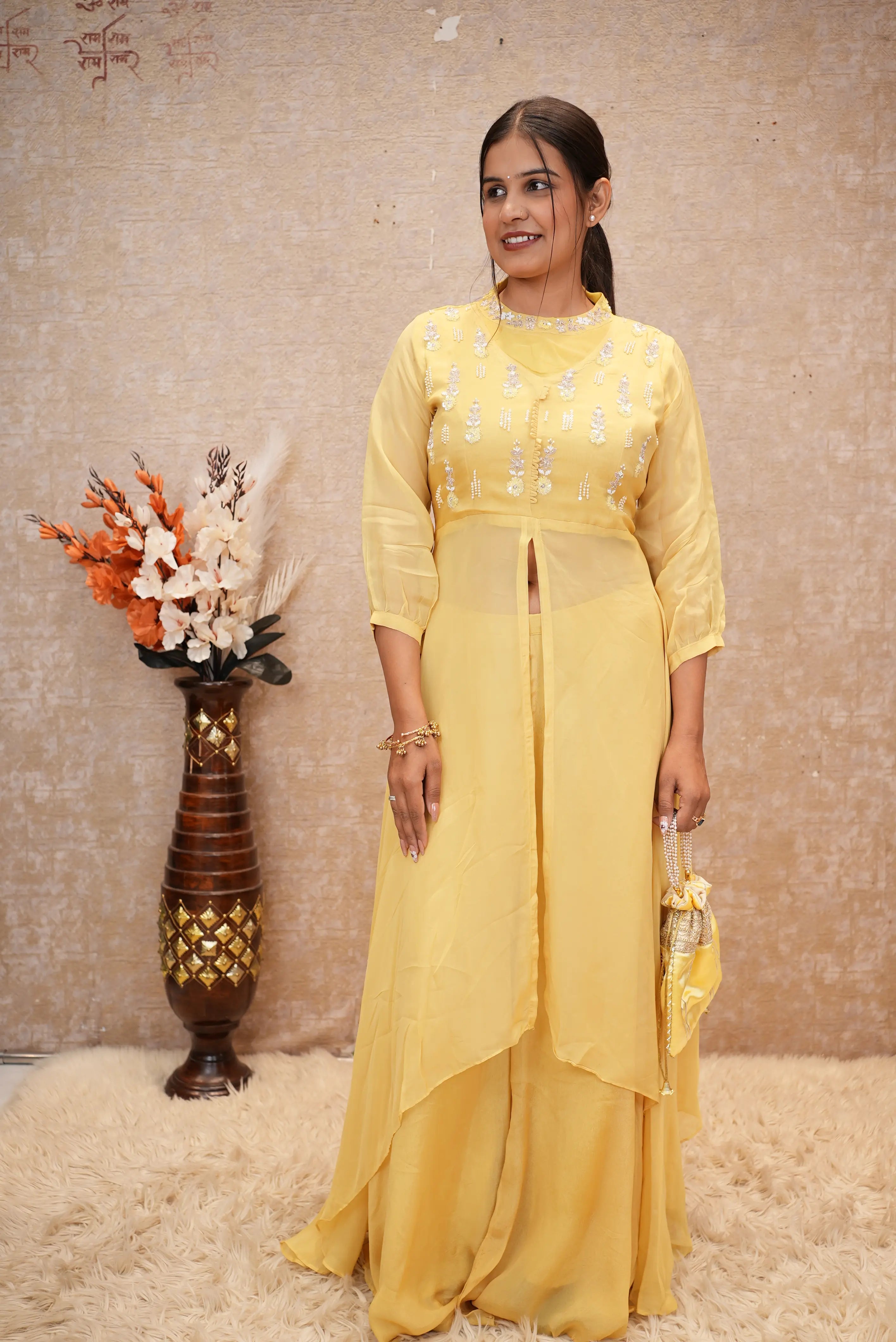 Sunshine Yellow Embroidered Indo-Western Cape Palazzo Set