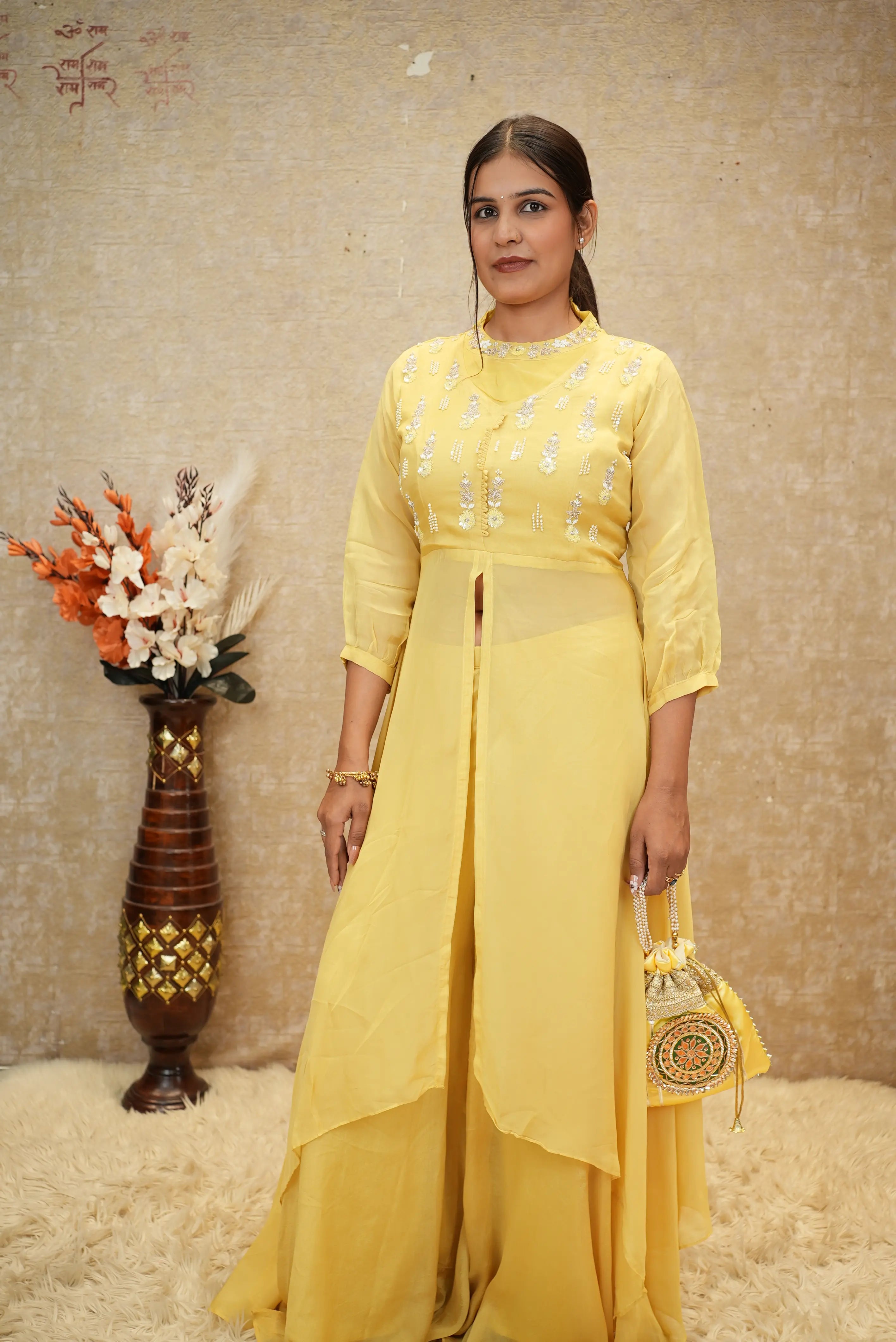 Sunshine Yellow Embroidered Indo-Western Cape Palazzo Set