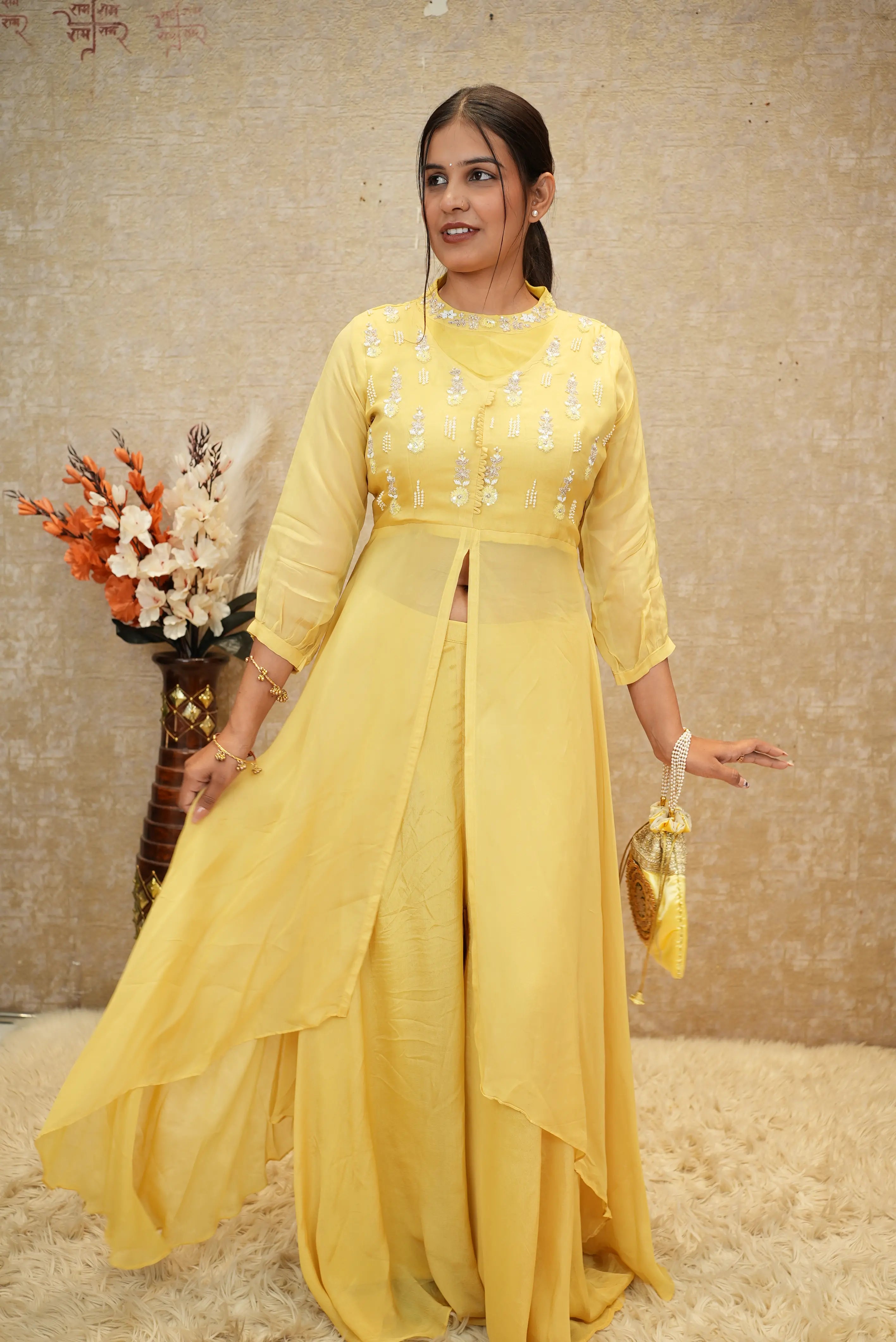 Sunshine Yellow Embroidered Indo-Western Cape Palazzo Set