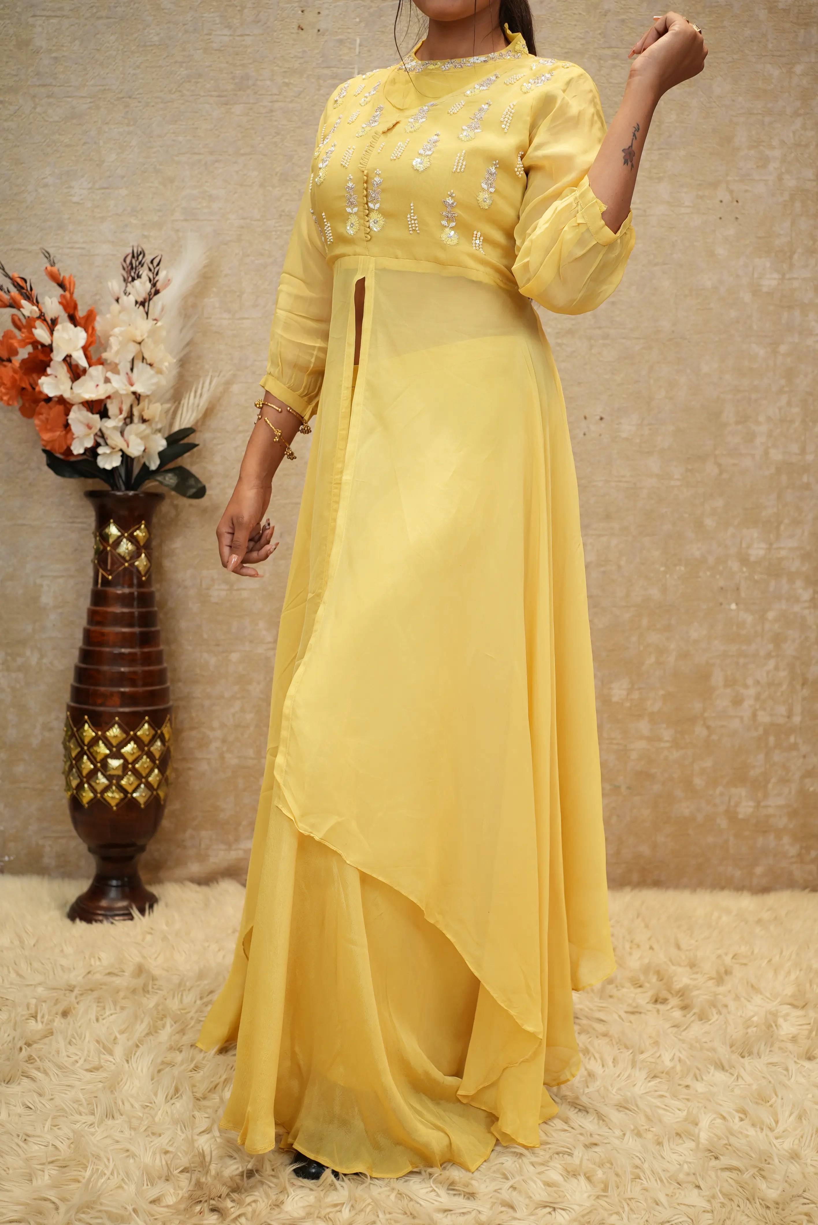 Sunshine Yellow Embroidered Indo-Western Cape Palazzo Set