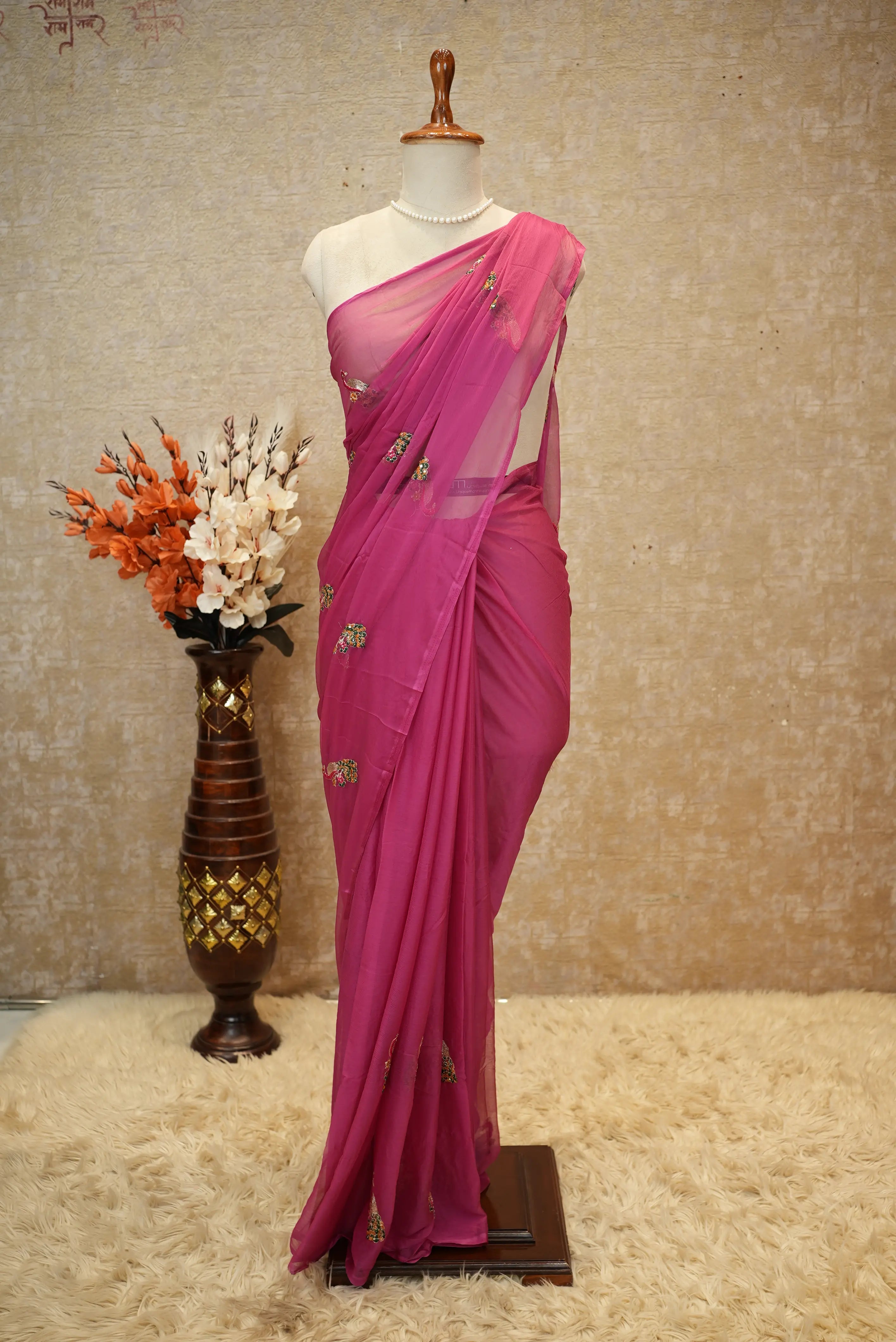 Chamunda Chiffon Fabric Saree With Vintage Work & Peacock Buta (With Blouse)