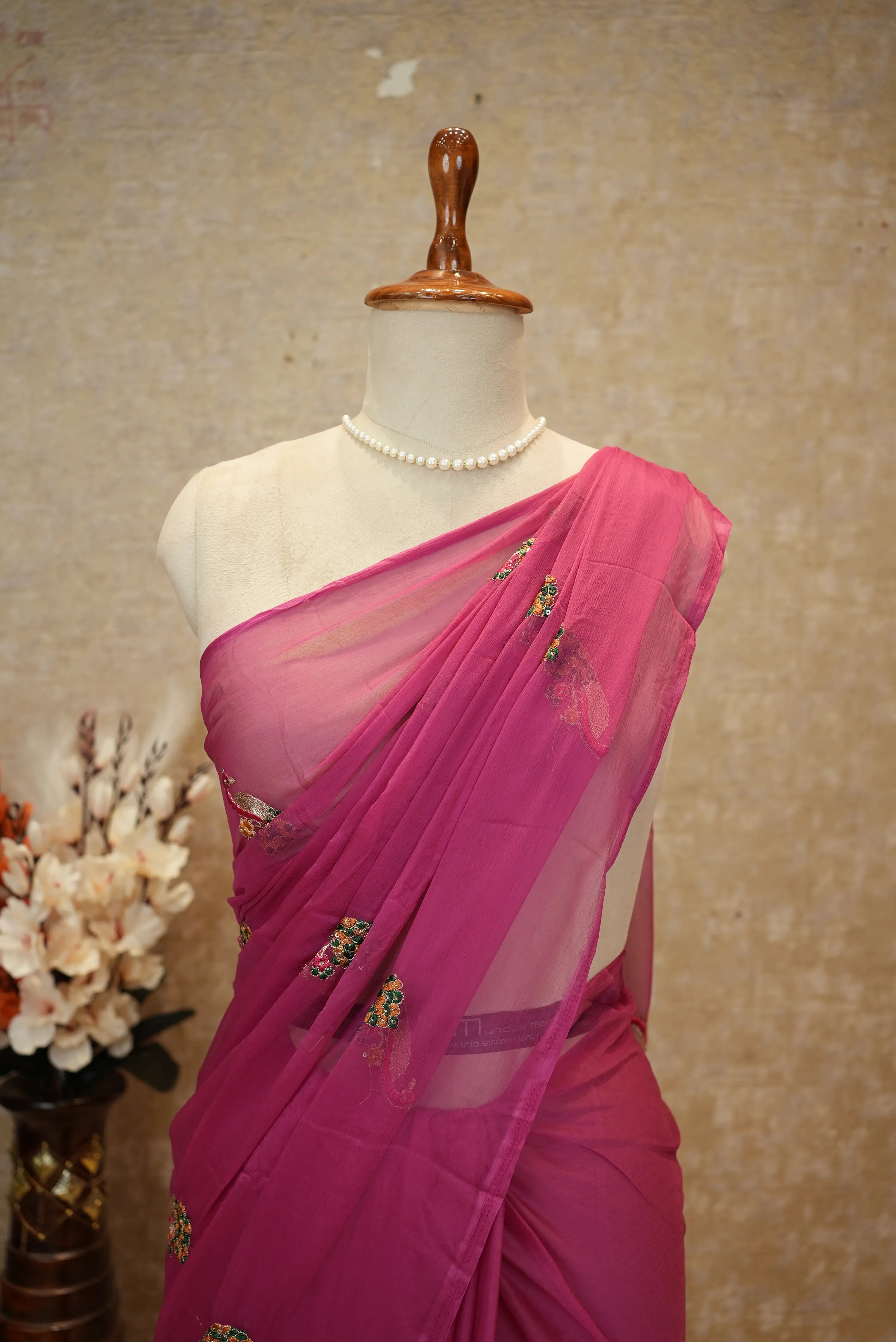 Chamunda Chiffon Fabric Saree With Vintage Work & Peacock Buta (With Blouse)