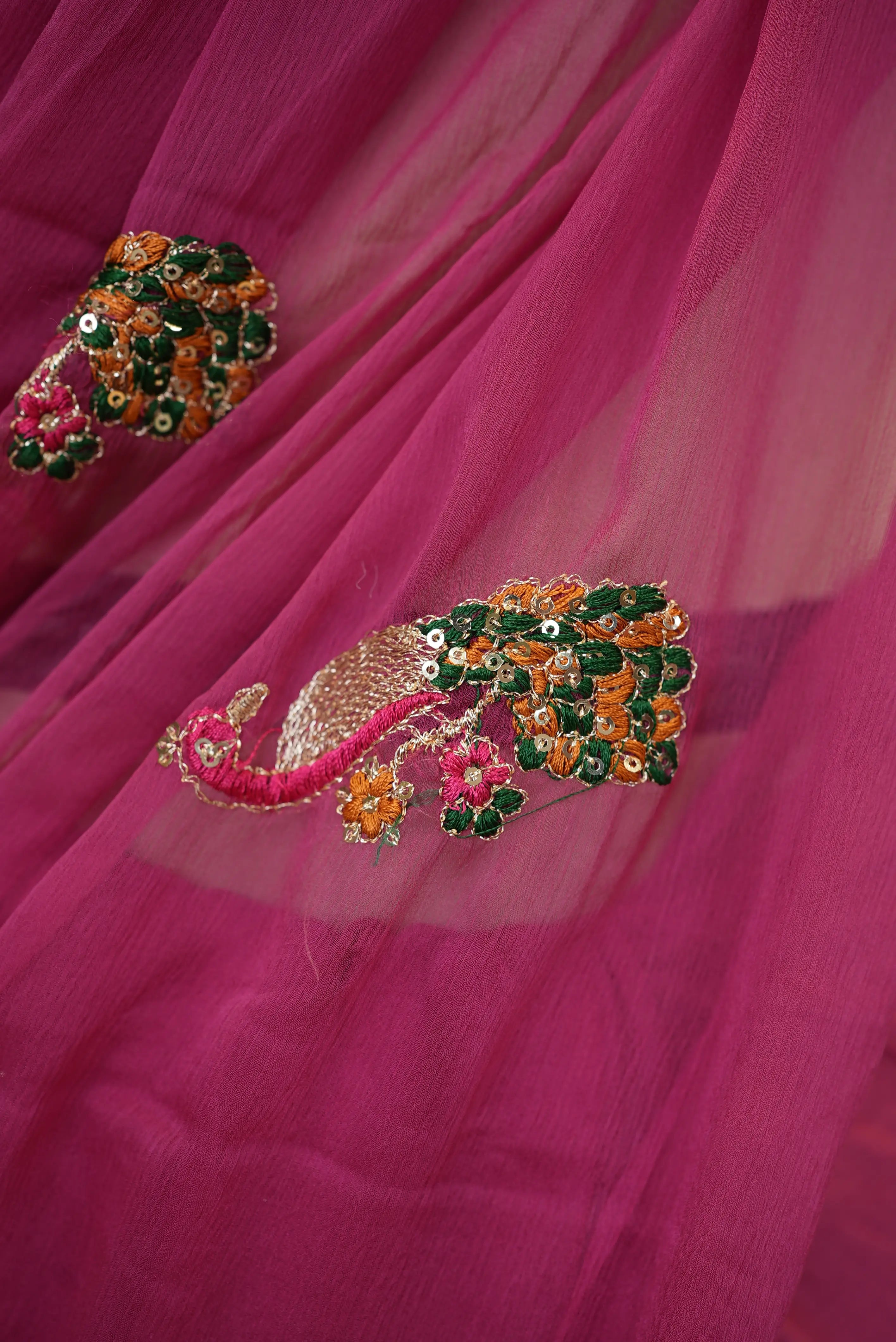 Chamunda Chiffon Fabric Saree With Vintage Work & Peacock Buta (With Blouse)