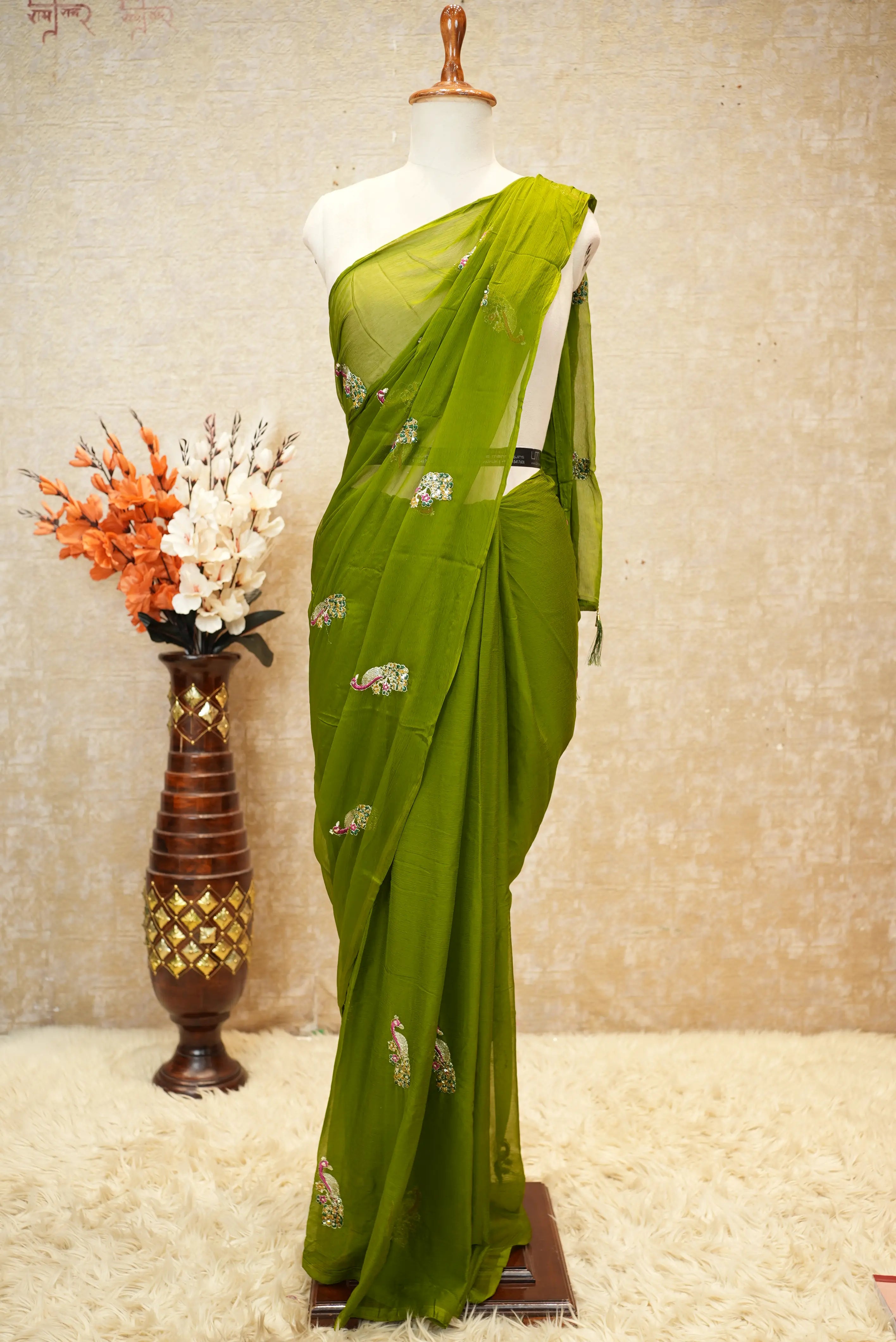 Chamunda Chiffon Fabric Saree With Vintage Work & Peacock Buta (With Blouse)