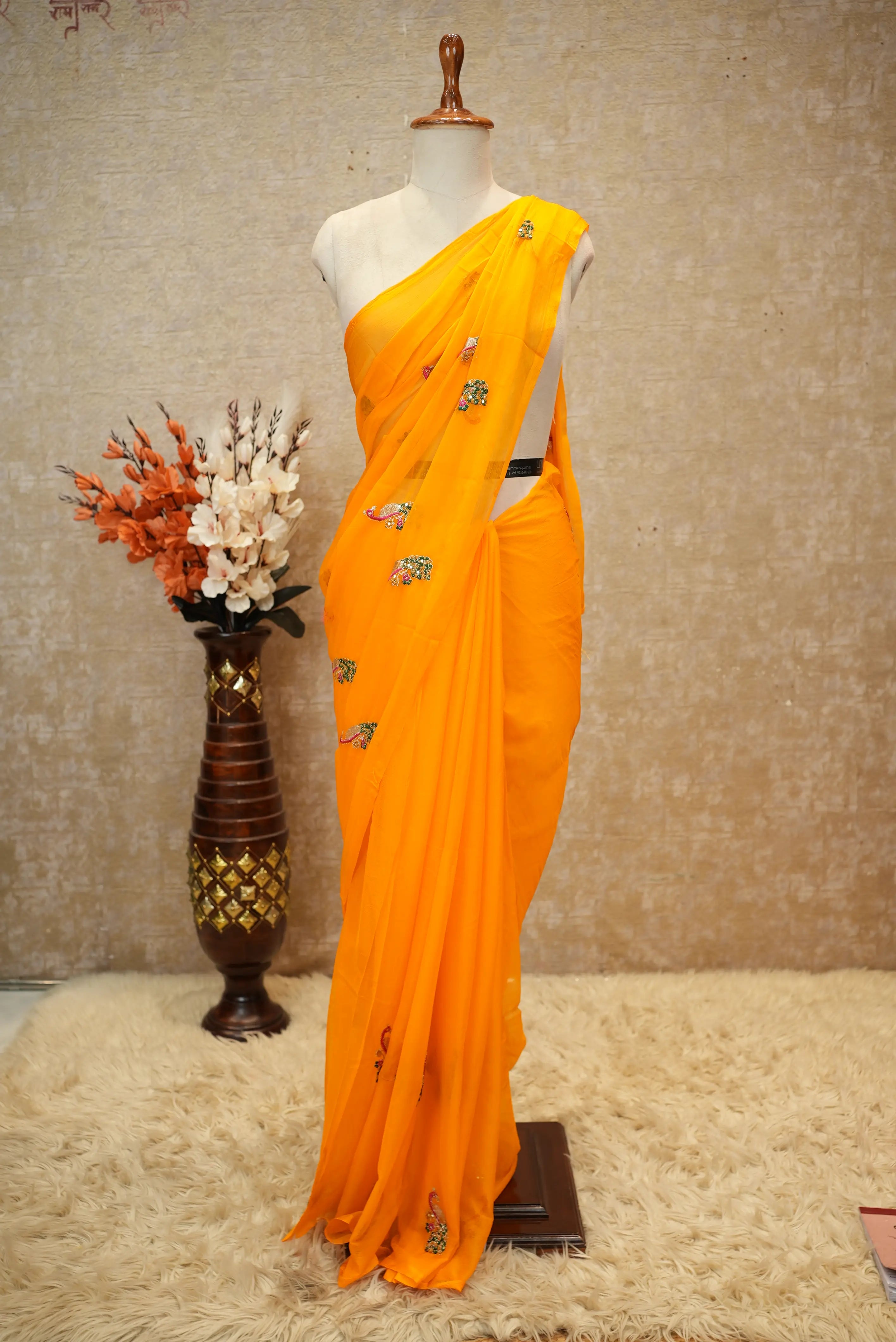 Chamunda Chiffon Fabric Saree With Vintage Work & Peacock Buta (With Blouse)