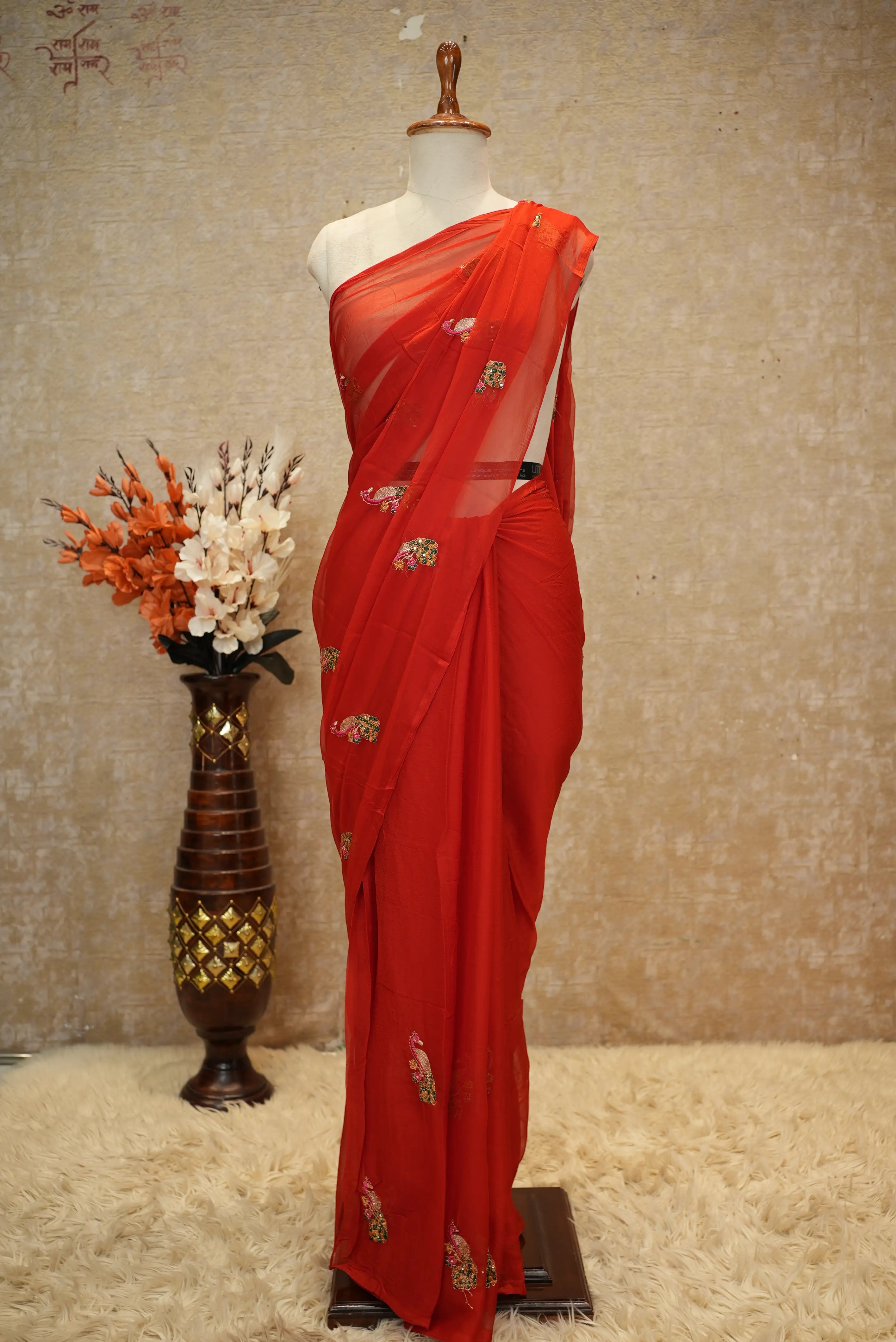 Chamunda Chiffon Fabric Saree With Vintage Work & Peacock Buta (With Blouse)