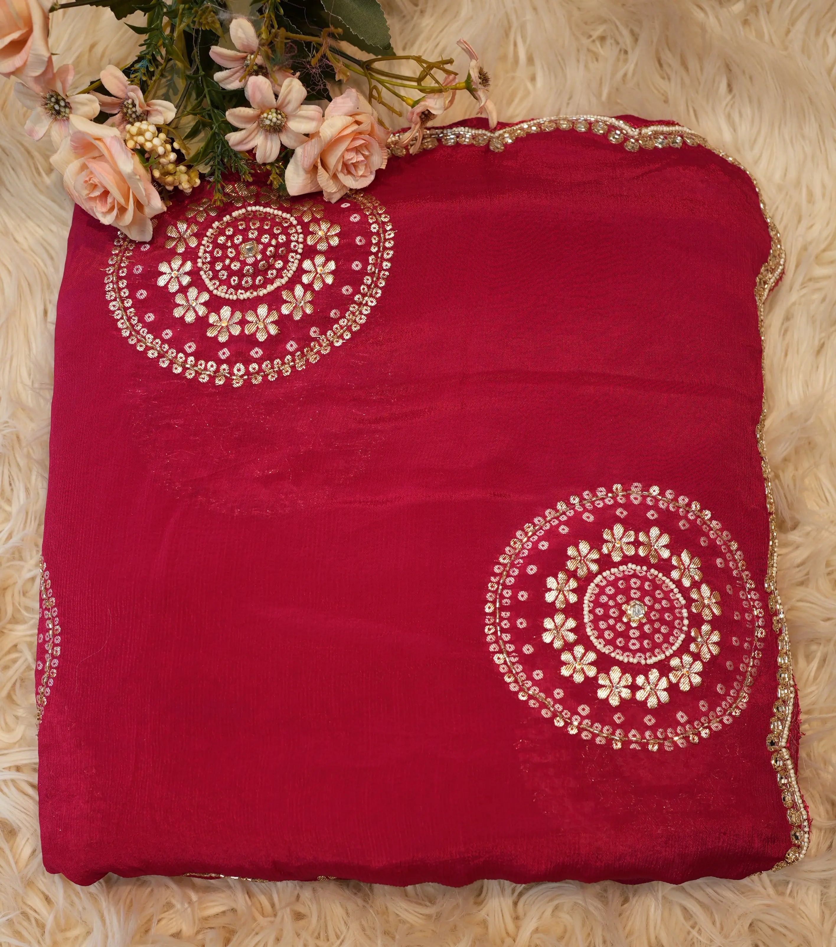 Pure Chinon Saree with Handwork & Banarasi Weaving Buta (With Blouse)