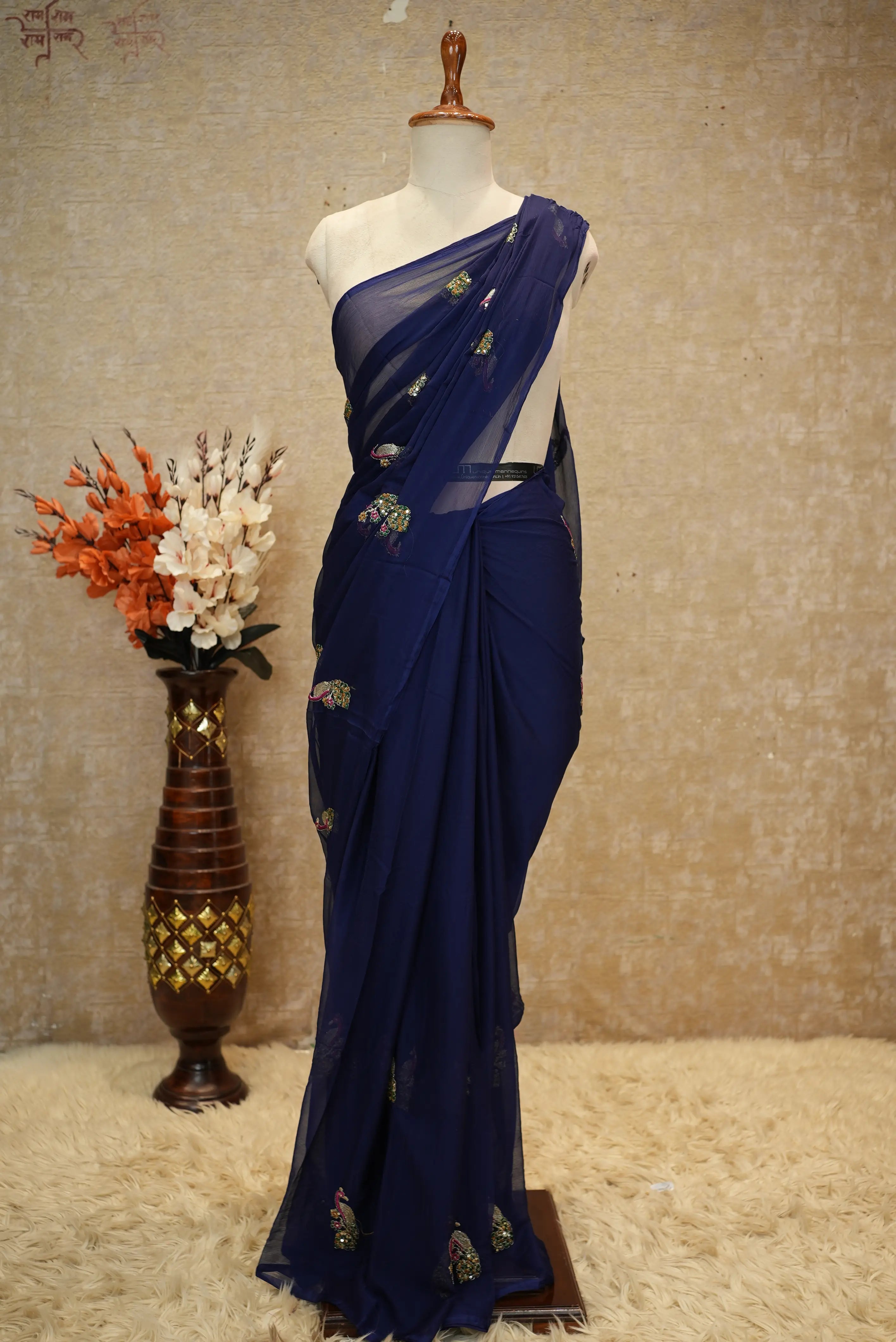 Chamunda Chiffon Fabric Saree With Vintage Work & Peacock Buta (With Blouse)