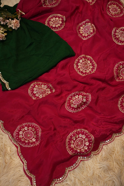 PURE CHINON FABRIC HANDWORK SAREE WITH BANARASI WEAVING BUTA (6.15 MTR CUT) (WITH BLOUSE) ##SR0212