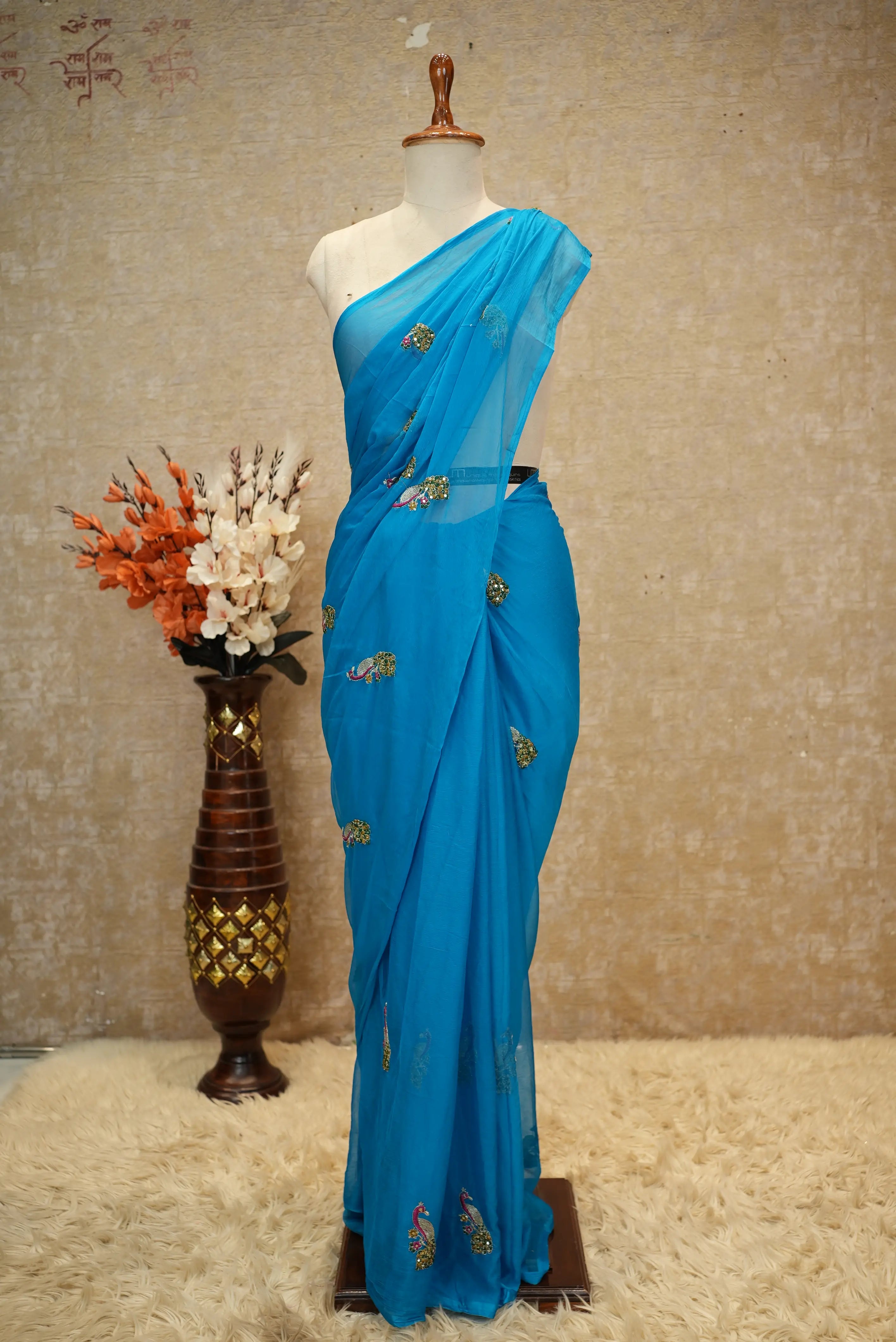 Chamunda Chiffon Fabric Saree With Vintage Work & Peacock Buta (With Blouse)