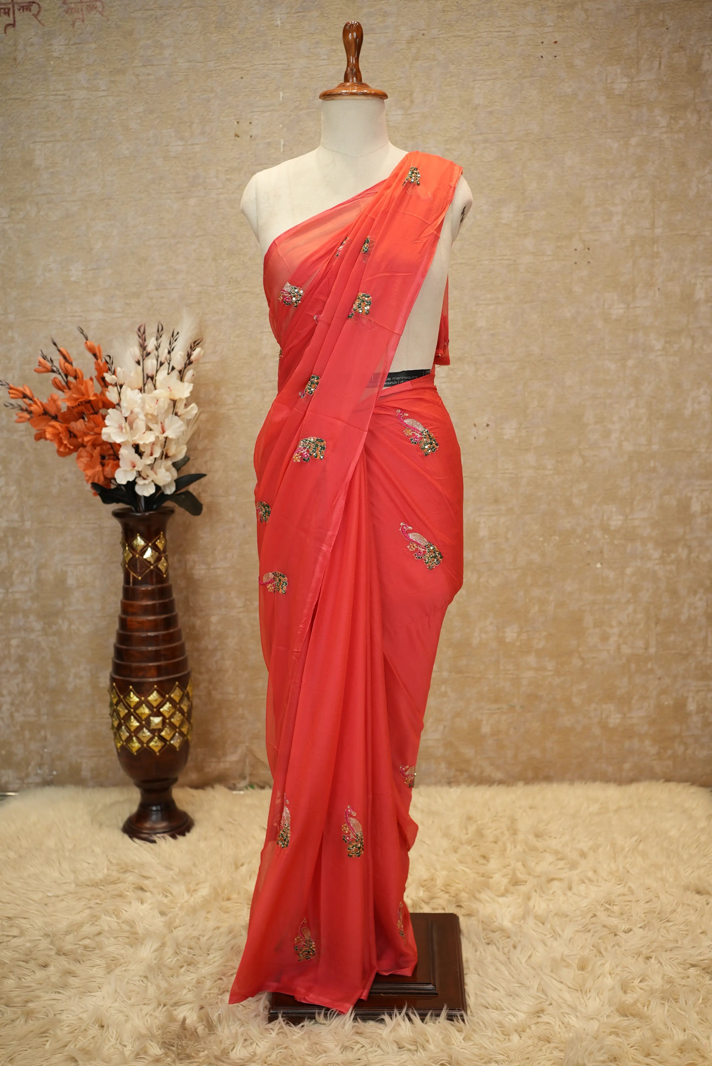 Chamunda Chiffon Fabric Saree With Vintage Work & Peacock Buta (With Blouse)