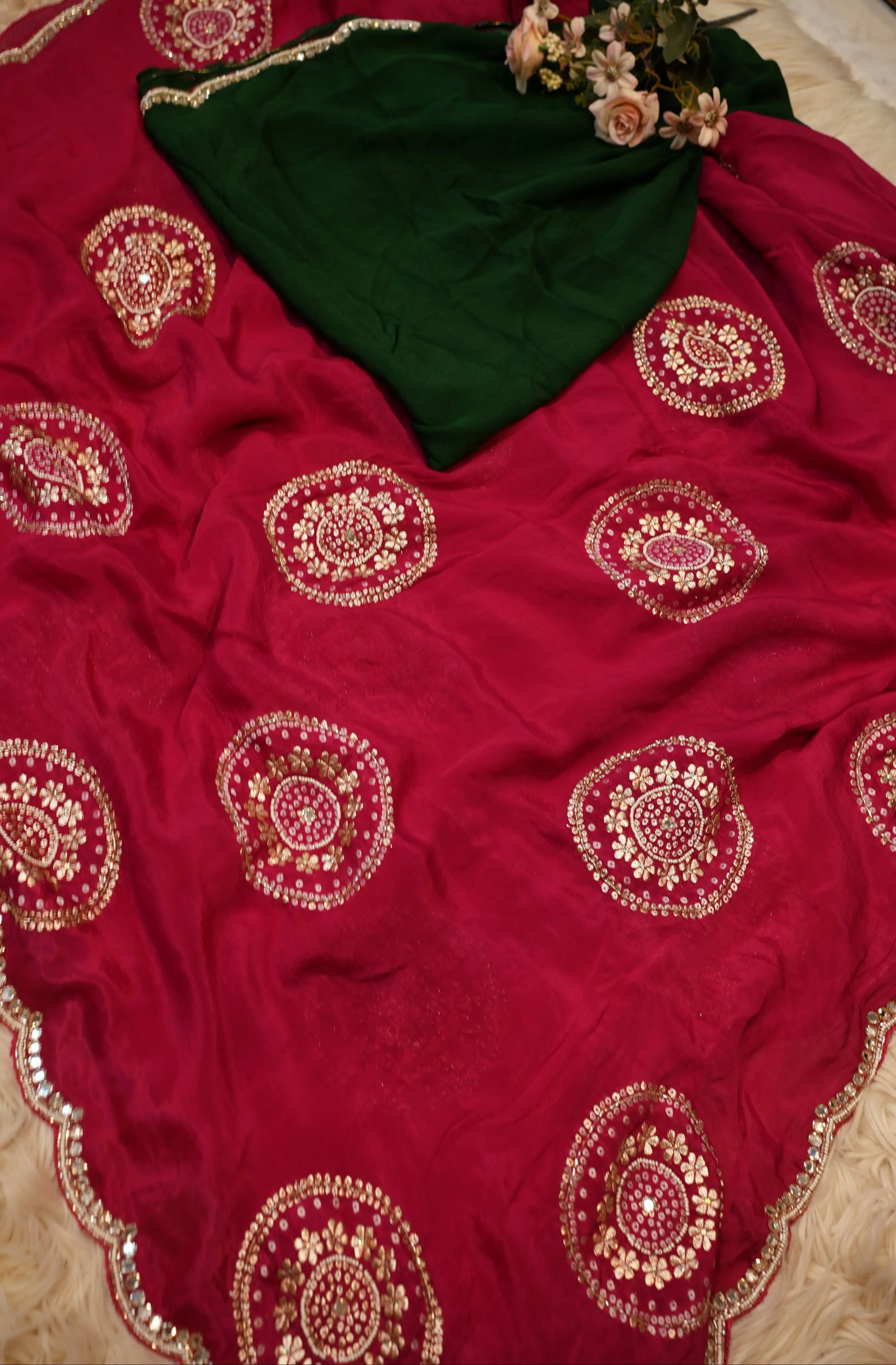 Pure Chinon Saree with Handwork & Banarasi Weaving Buta (With Blouse)