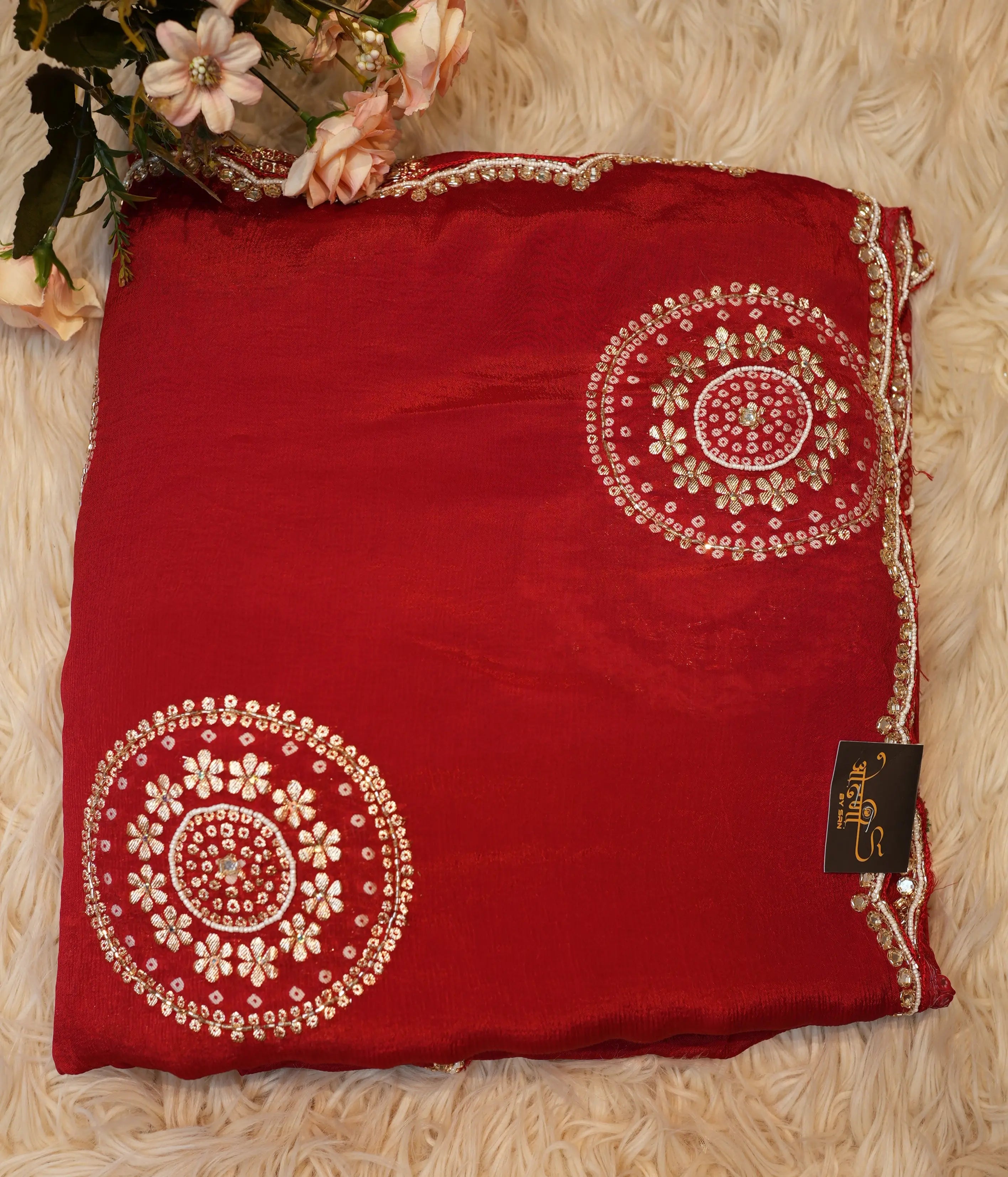 Pure Chinon Saree with Handwork & Banarasi Weaving Buta (With Blouse)