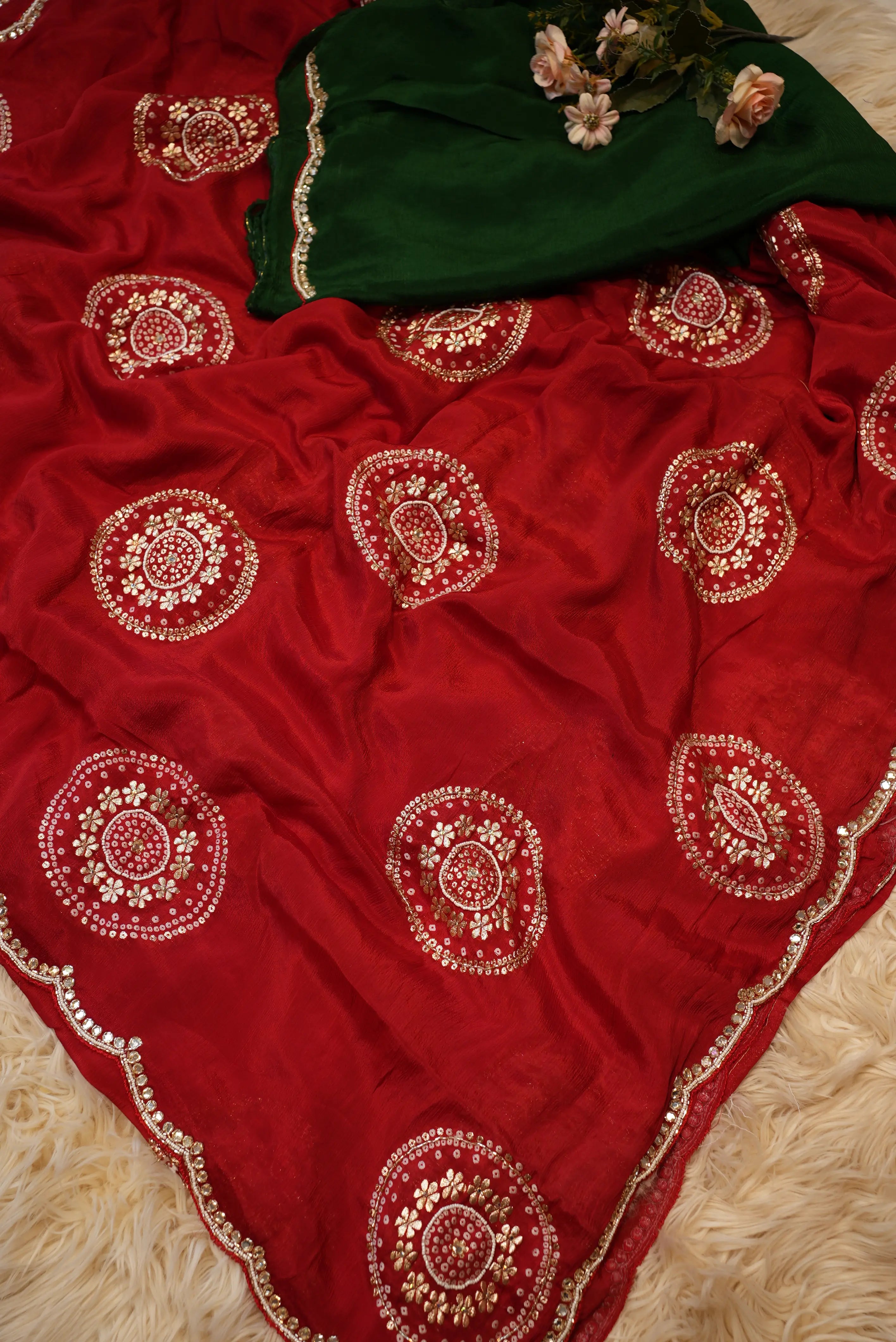 Pure Chinon Saree with Handwork & Banarasi Weaving Buta (With Blouse)