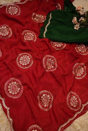 PURE CHINON FABRIC HANDWORK SAREE WITH BANARASI WEAVING BUTA (6.15 MTR CUT) (WITH BLOUSE) ##SR0212