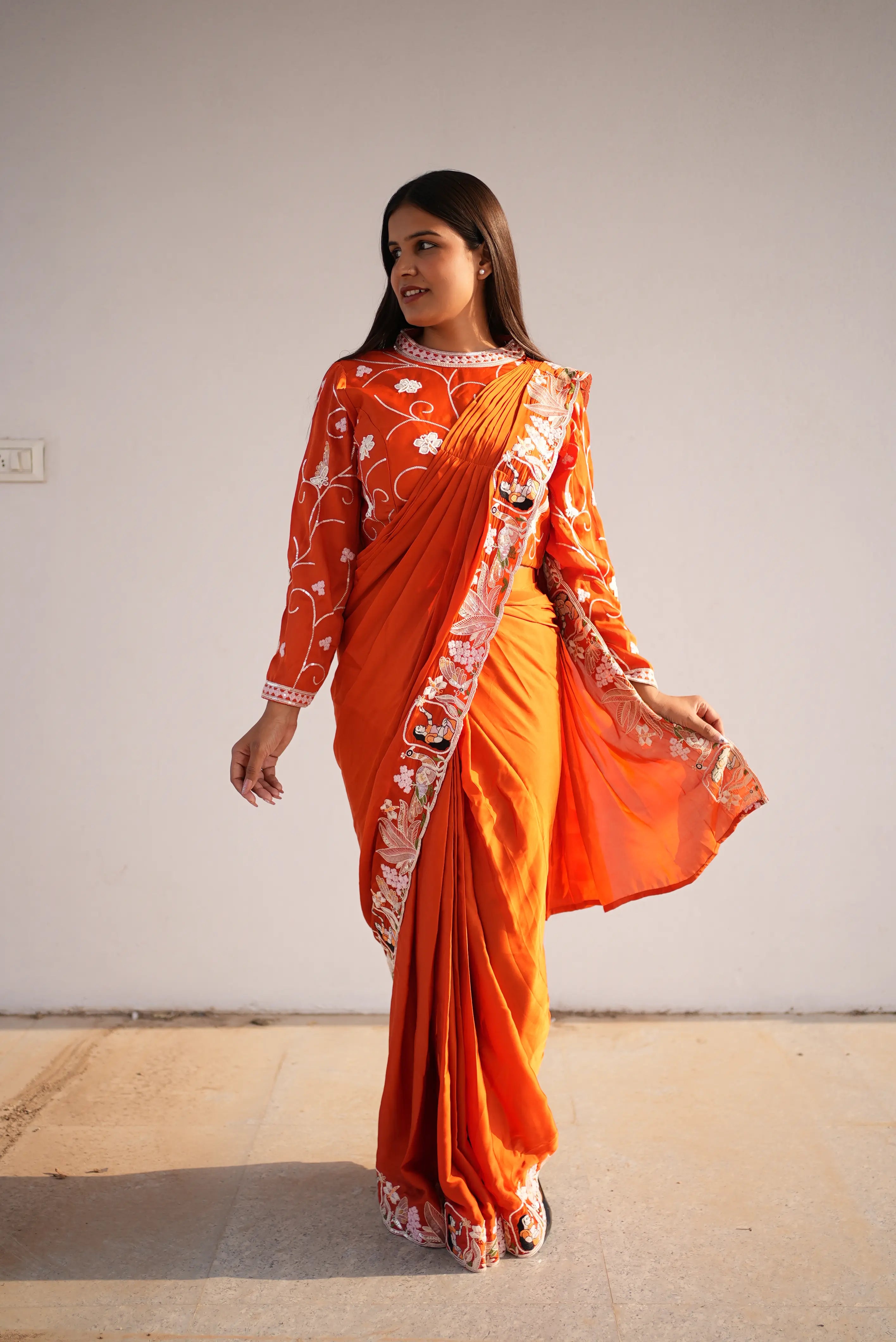 Elegant Rust Orange Embroidered Saree with Designer Blouse for Festive & Wedding Wear