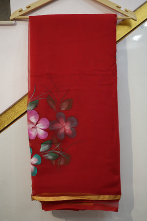 GEORGETTE BRUSH PANTING GOLDEN FOIL BORDER SAREE (5.5 MTR) (WITHOUT BLOUSE) ##SR0209