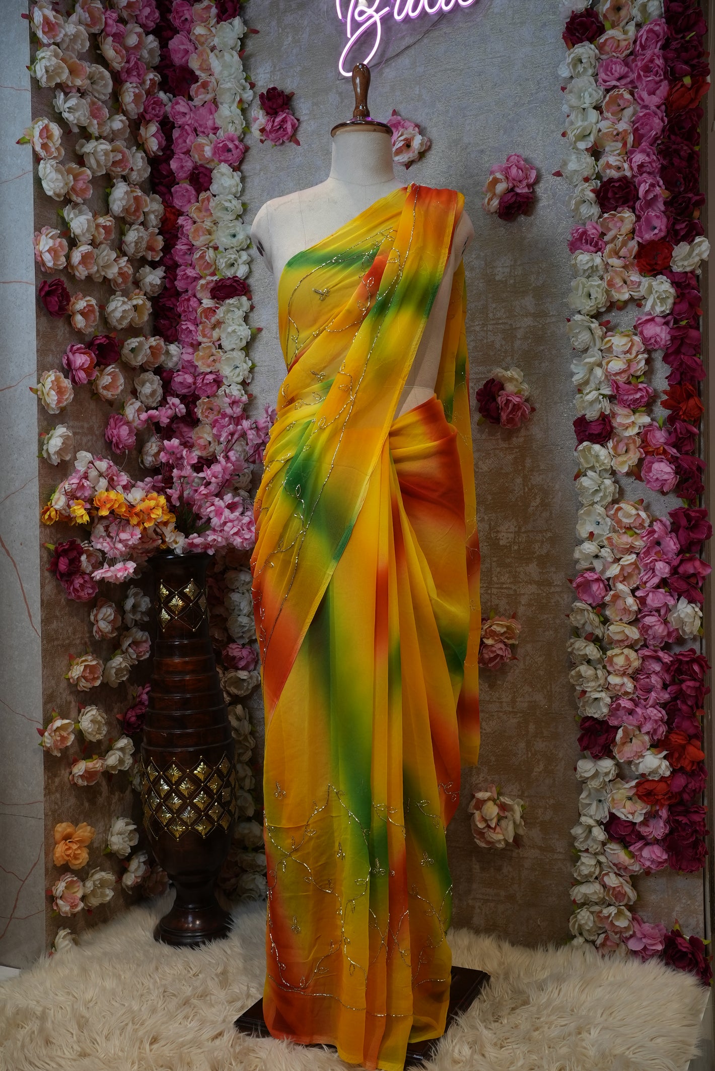 MULTI COLOUR SHADE DARBARI SAREE WITH JAAL PATTERN & CUTDANA WORK ON ROYAL GEORGETTE FABRIC (WITHOUT BLOUSE)      ##SR457