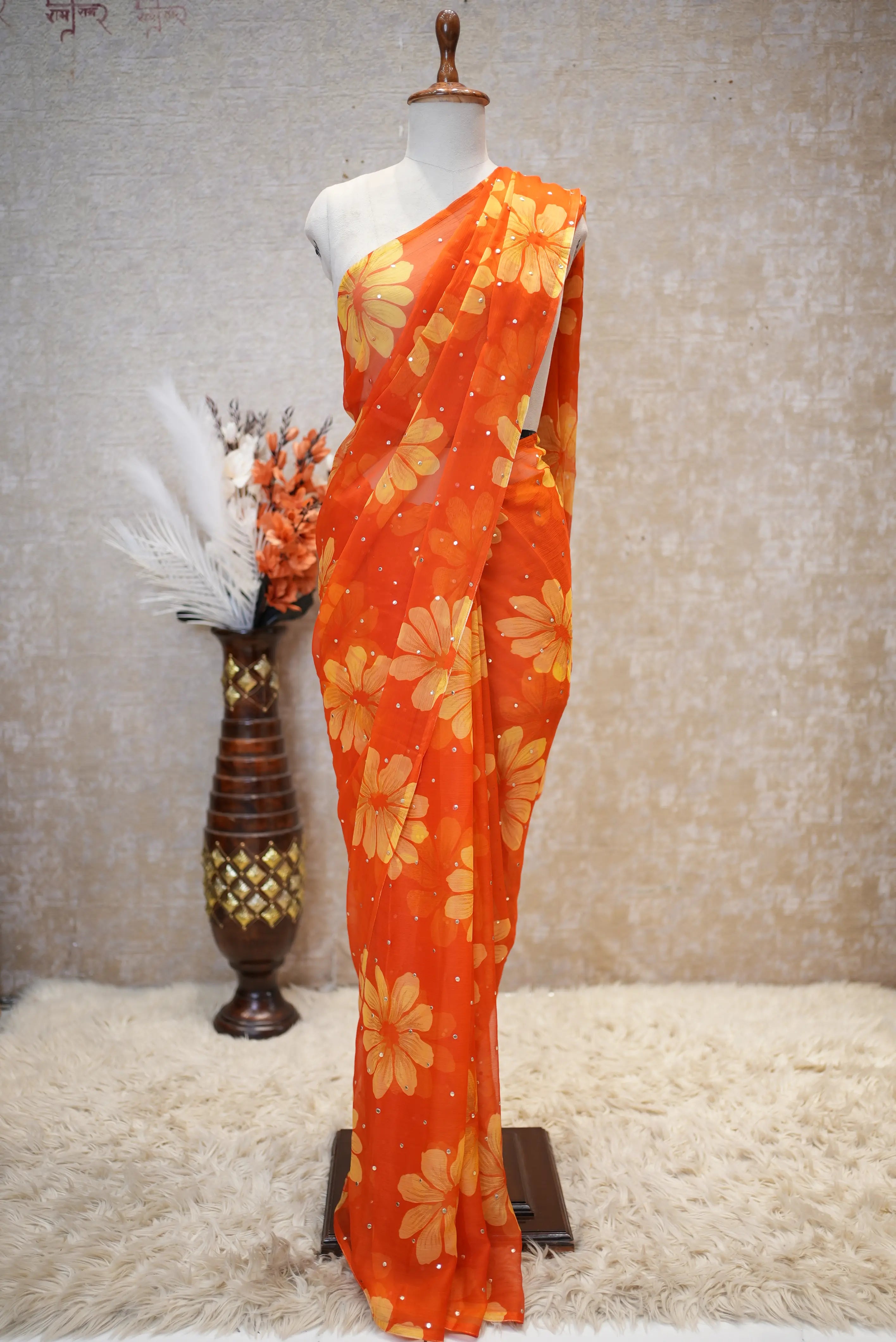 Flower Print Chiffon Fabric Saree