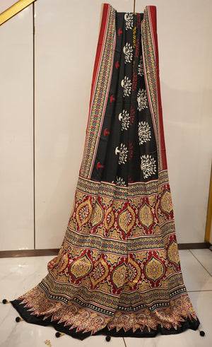 SATIN SILK FABRIC AJRAKH PRINT SAREE WITH BEAUTIFUL TASSELS (WITH BLOUSE ) (6.15 MTR CUT) ##SR0214