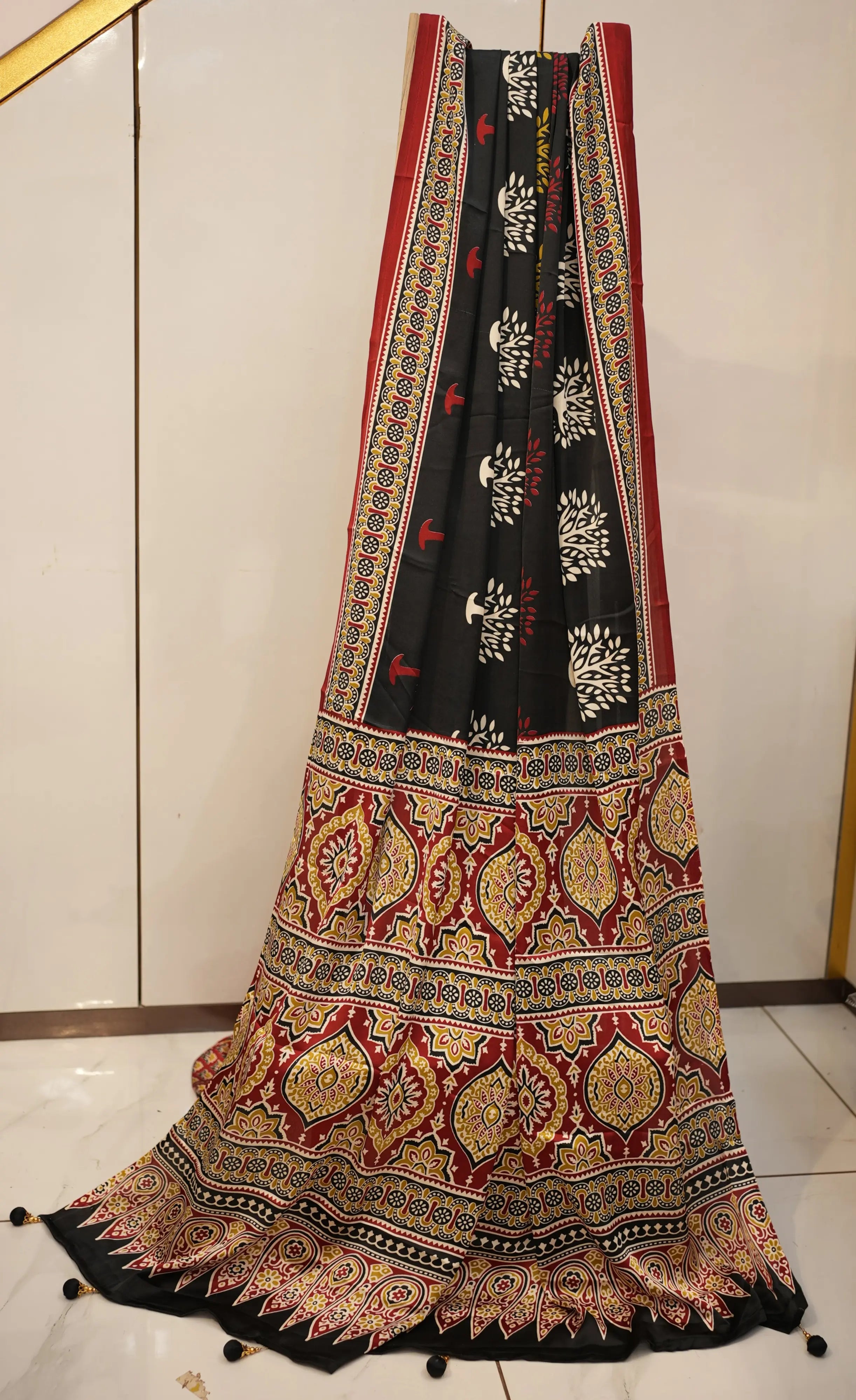 Satin Silk Saree with Ajrakh Print & Tassels (With Blouse)