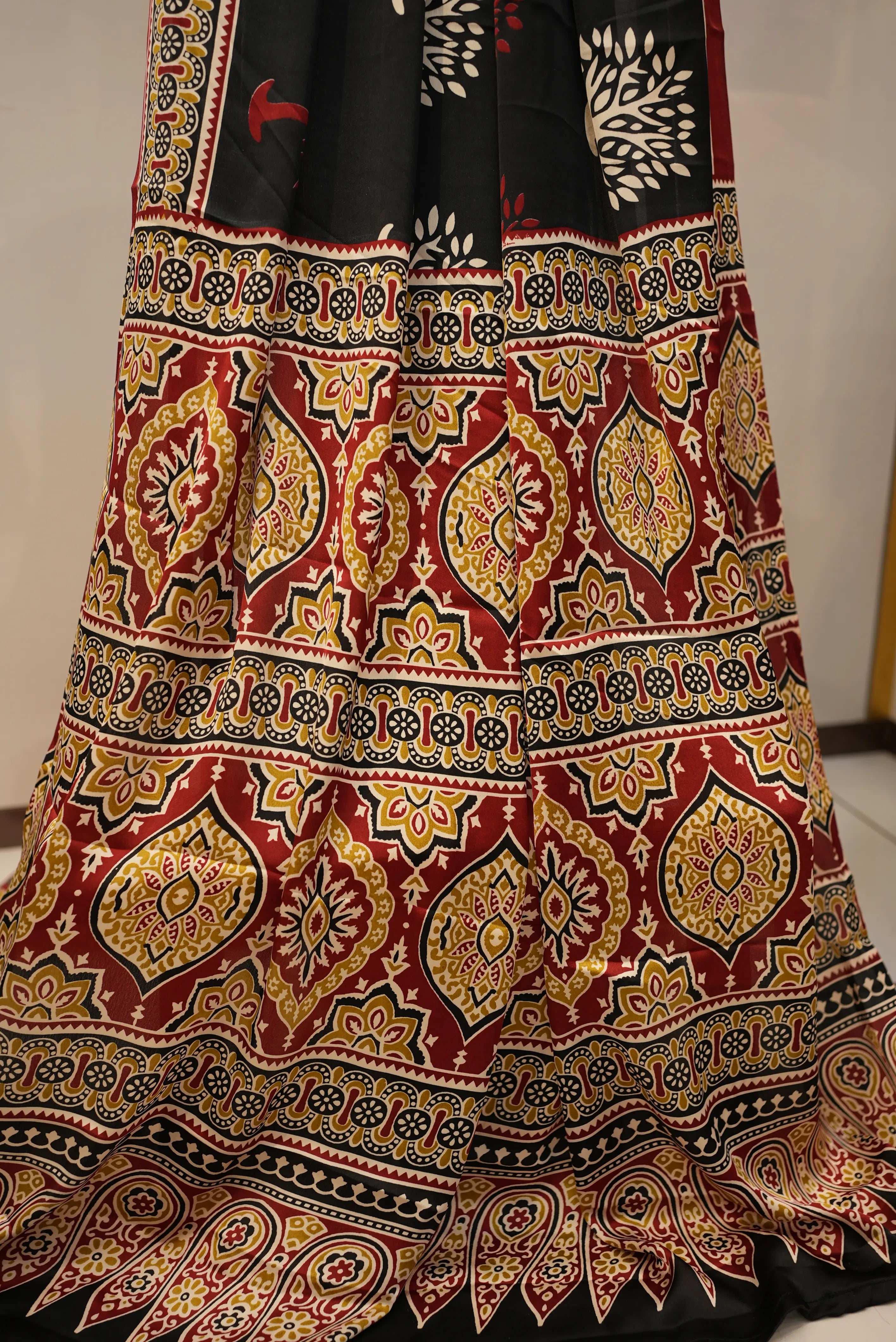 Satin Silk Saree with Ajrakh Print & Tassels (With Blouse)