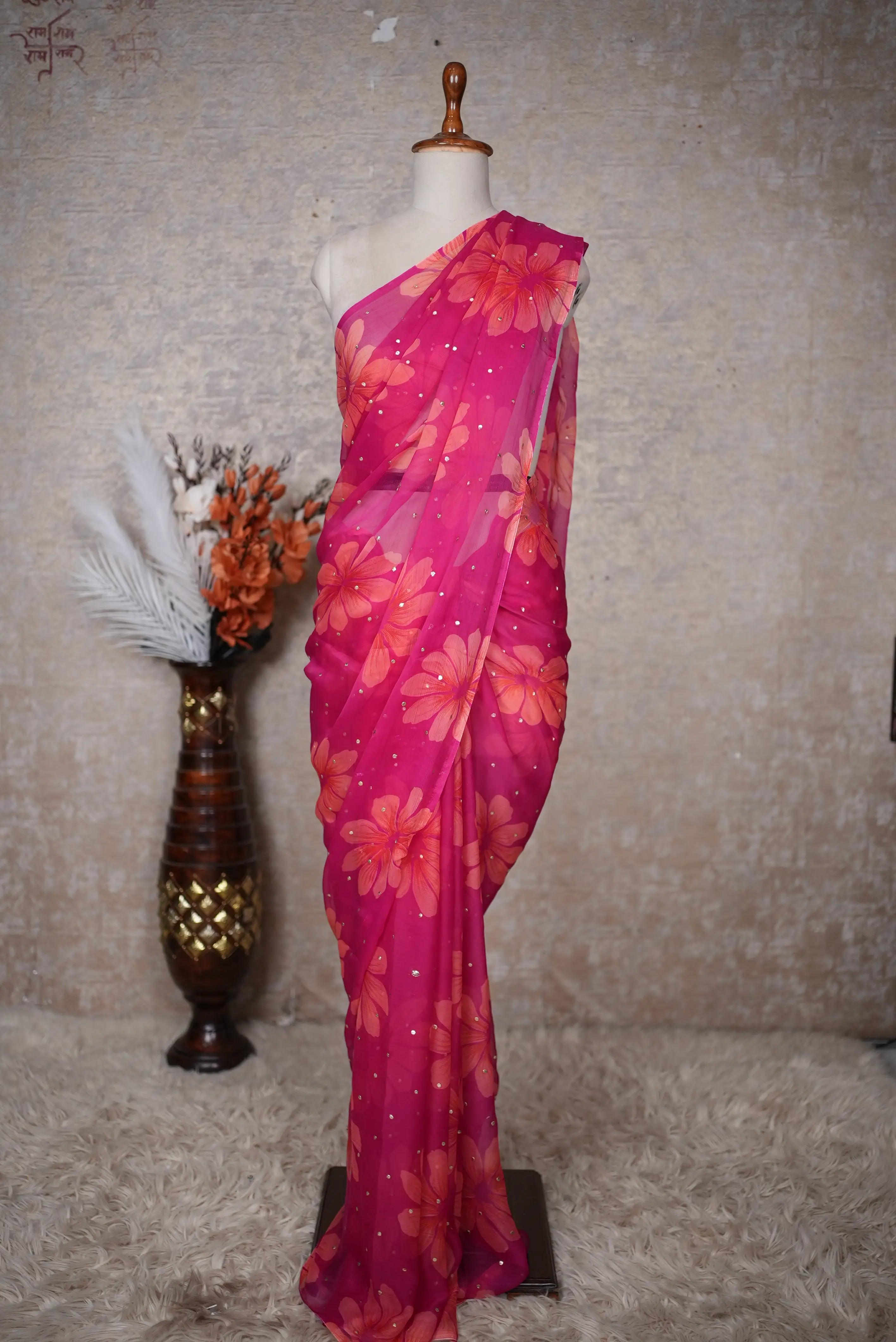 Flower Print Chiffon Fabric Saree