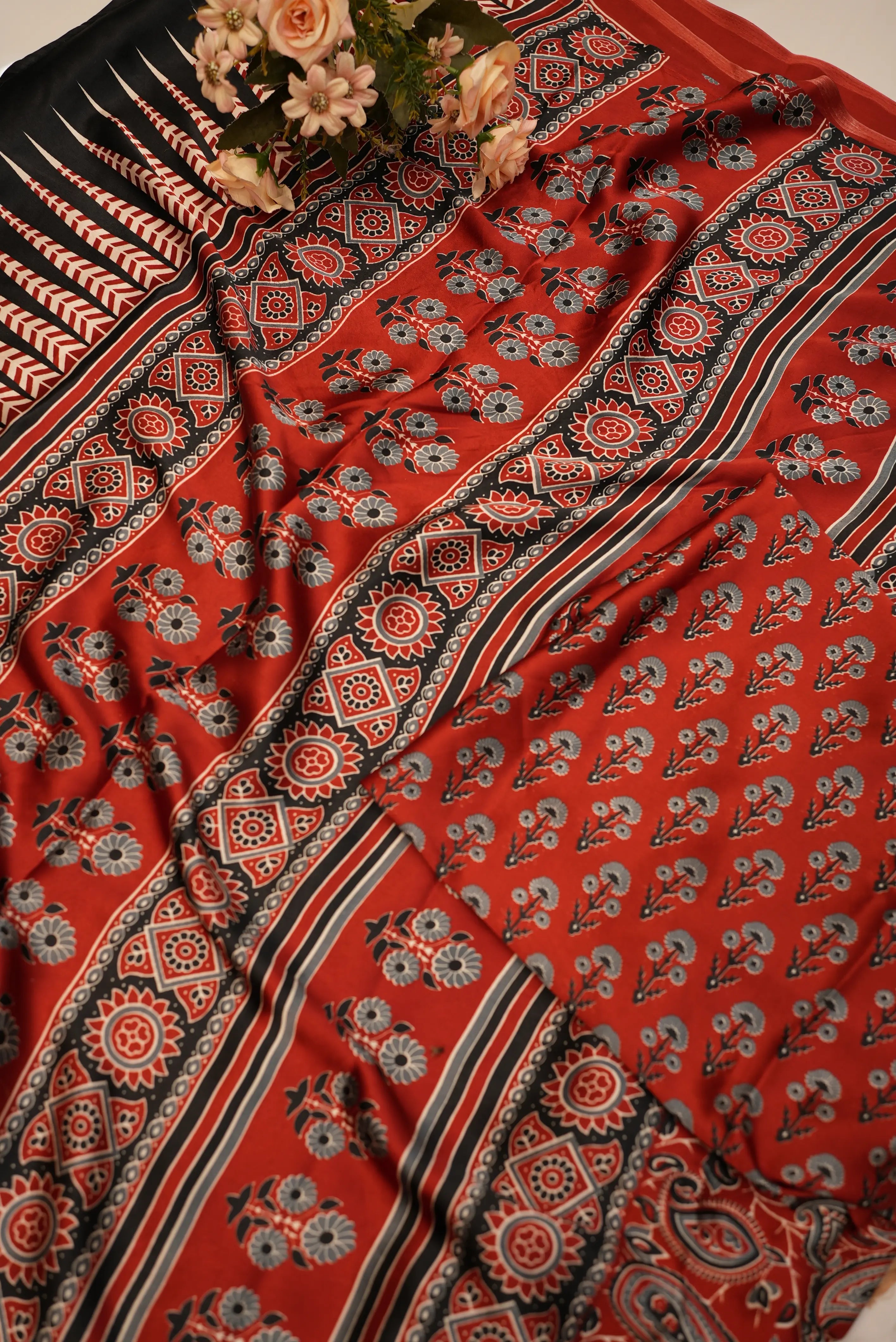 Satin Silk Saree with Ajrakh Print & Tassels (With Blouse)
