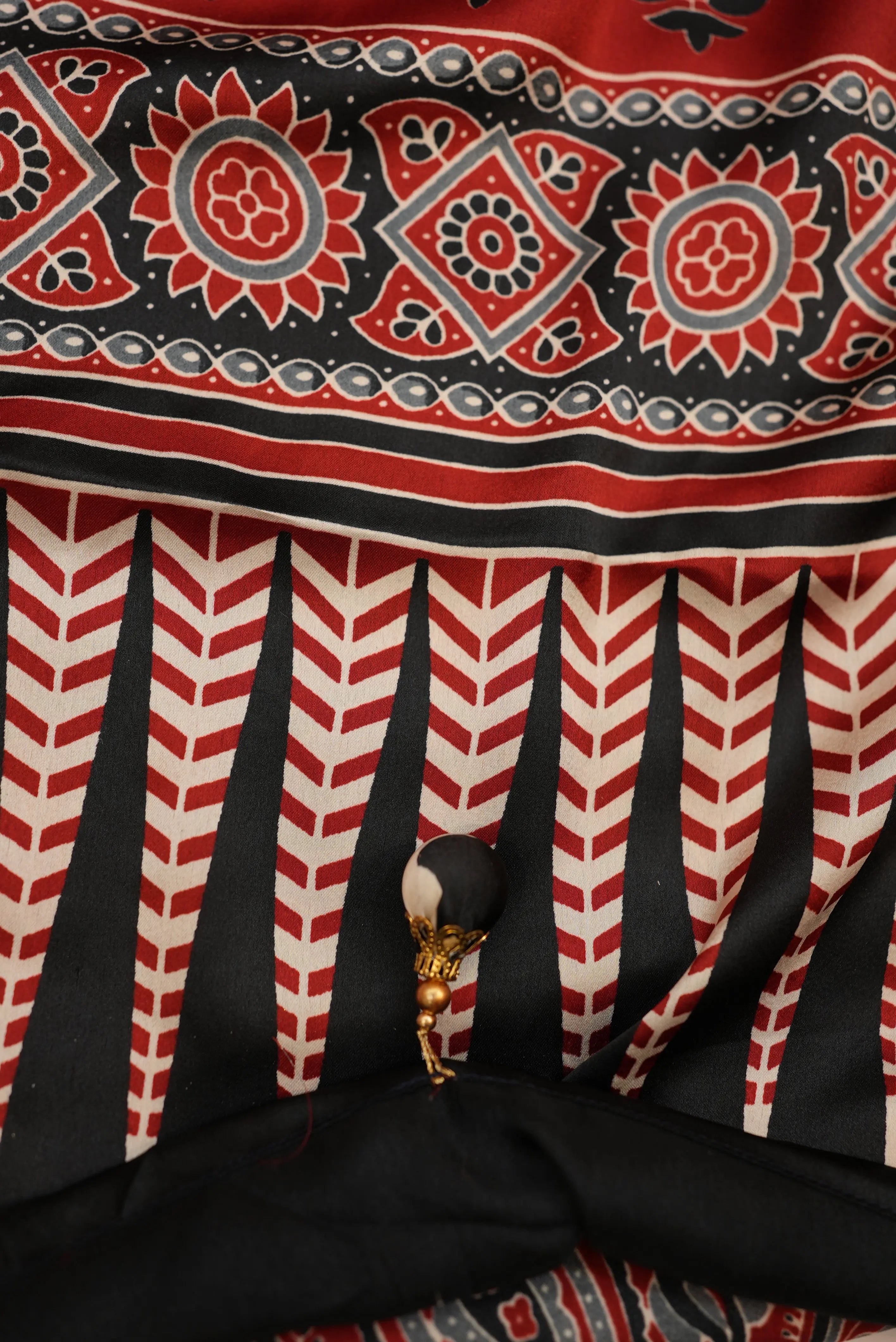 Satin Silk Saree with Ajrakh Print & Tassels (With Blouse)