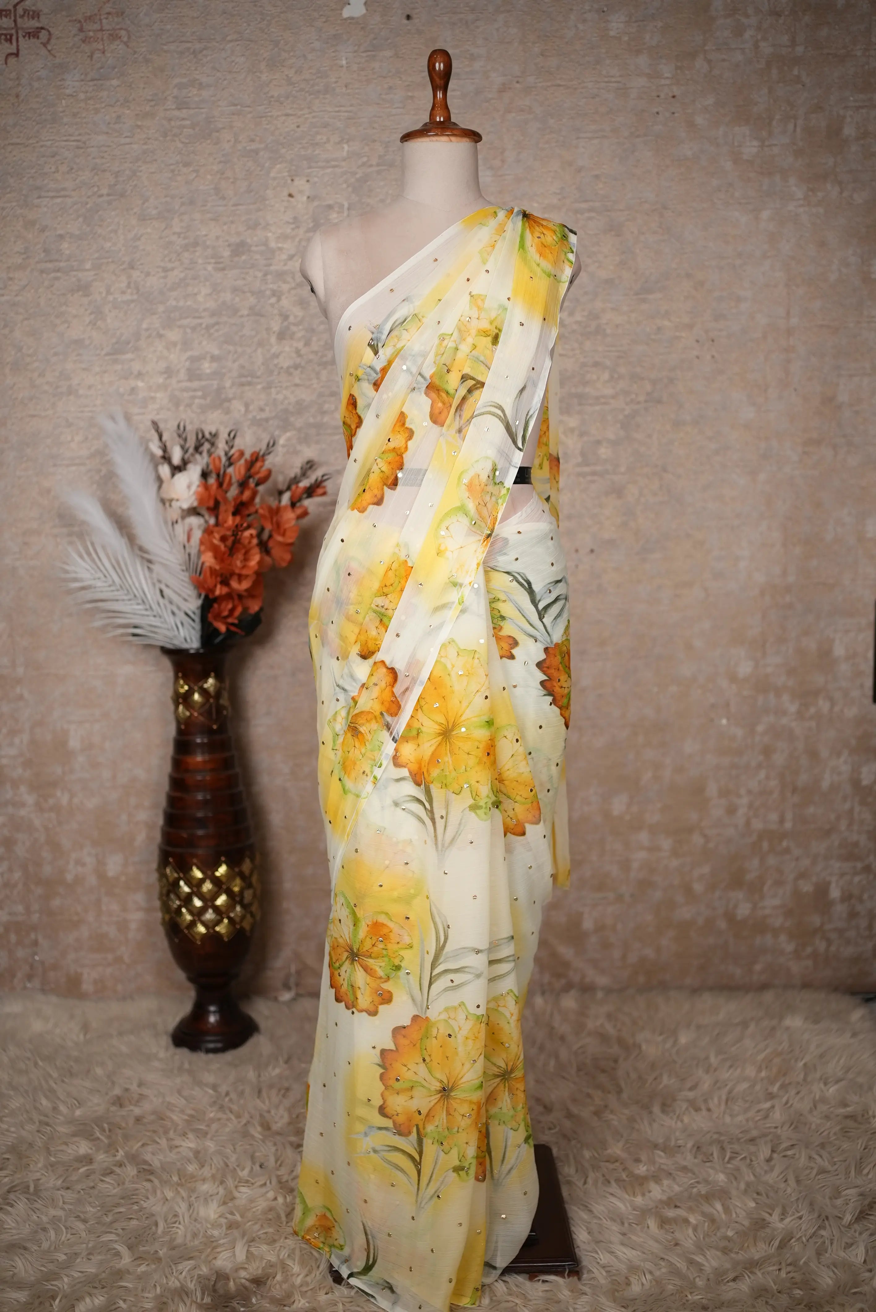 Flower Print Chiffon Fabric Saree
